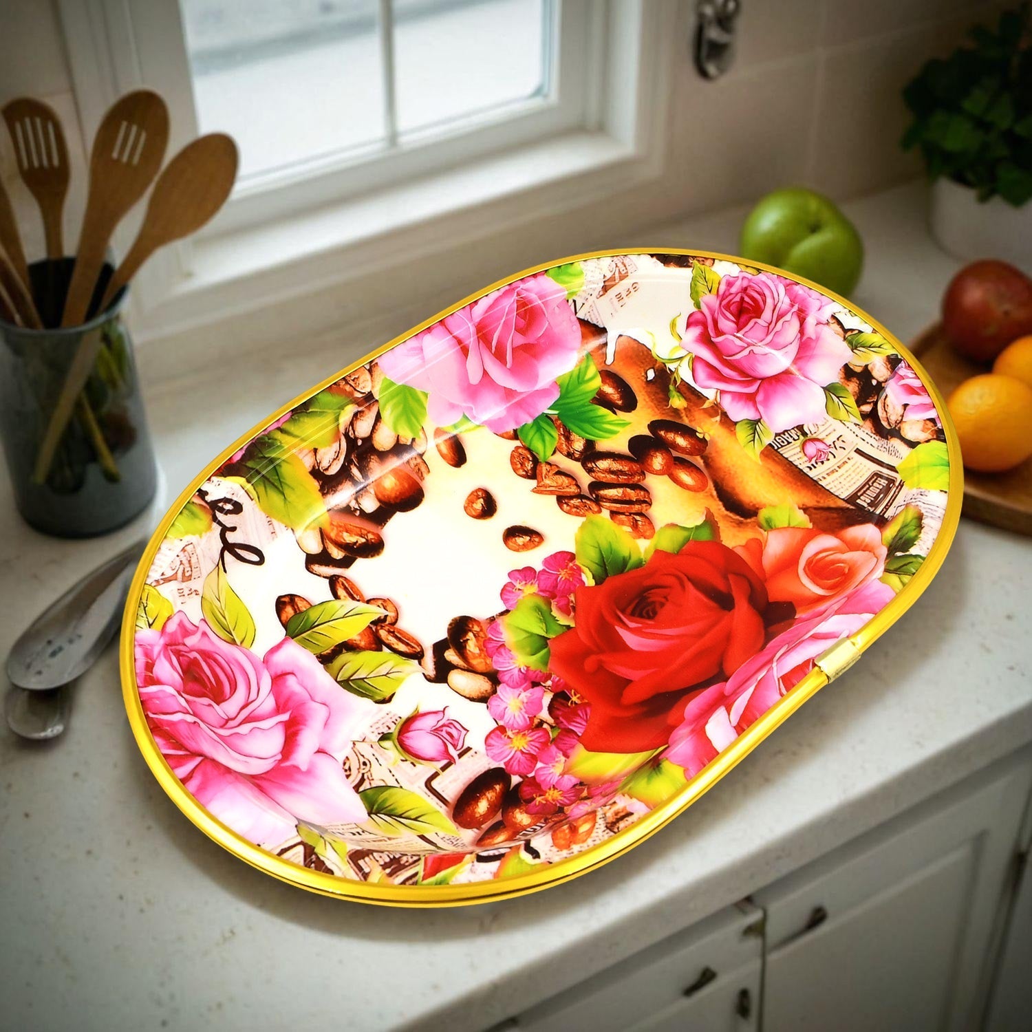 Plastic Flower Printed Design Serving Tray (3 Pcs Set / Mix Color)