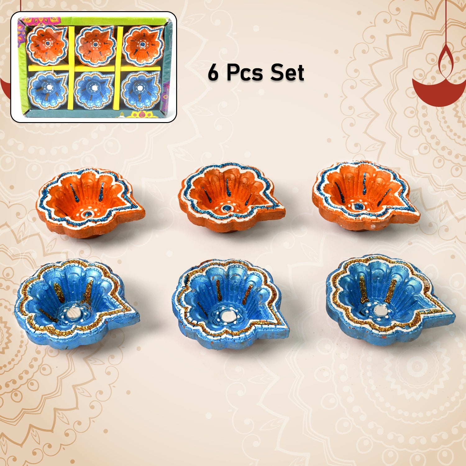 Decorative Hand Painted Clay Puja Diya for Diwali Home Indoor Outdoor Handmade Diya (6 Pcs Set/ Mix Design)