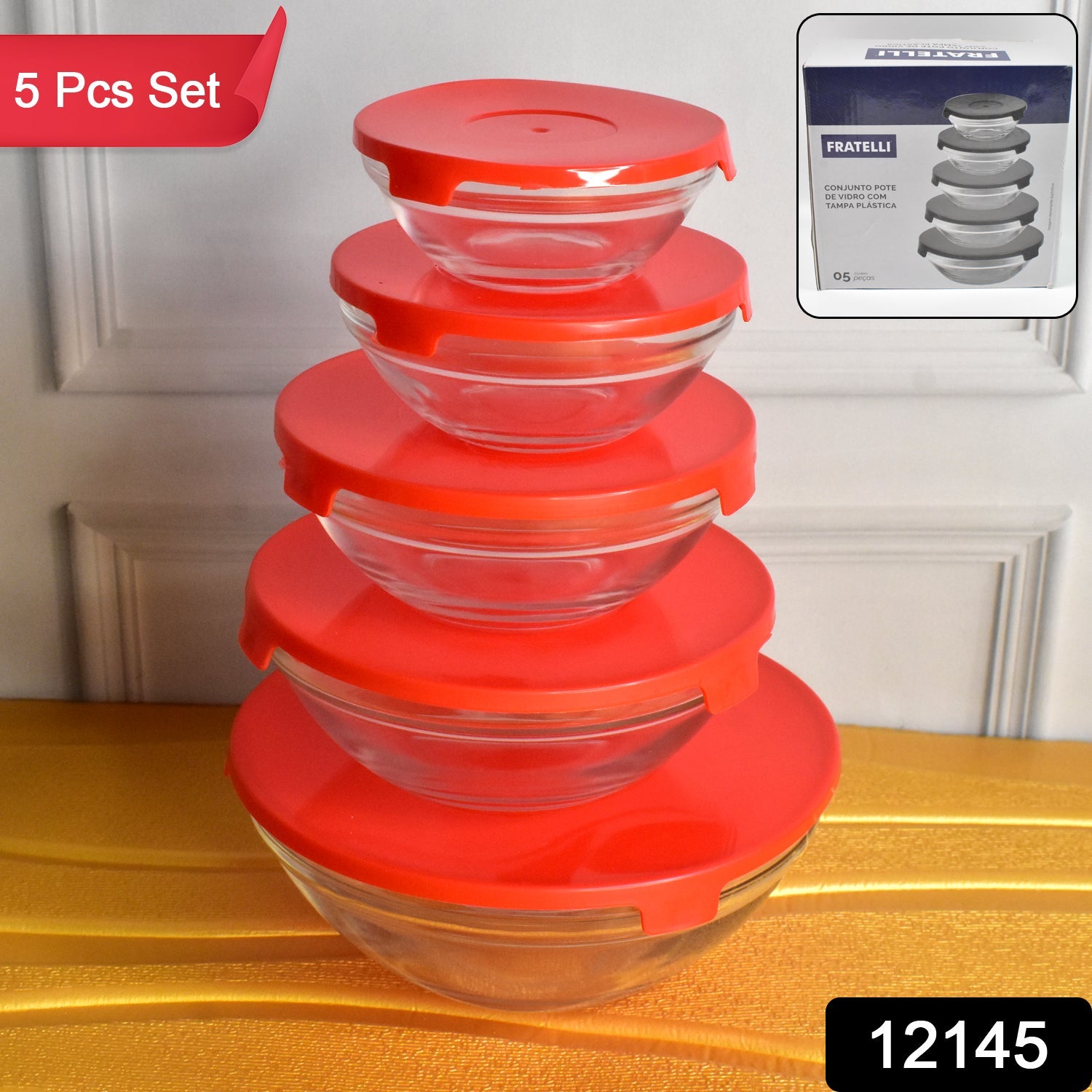 Modern Glass Bowl Set, Mixing / Storage Bowls with Red Lids (5 Pcs Set)