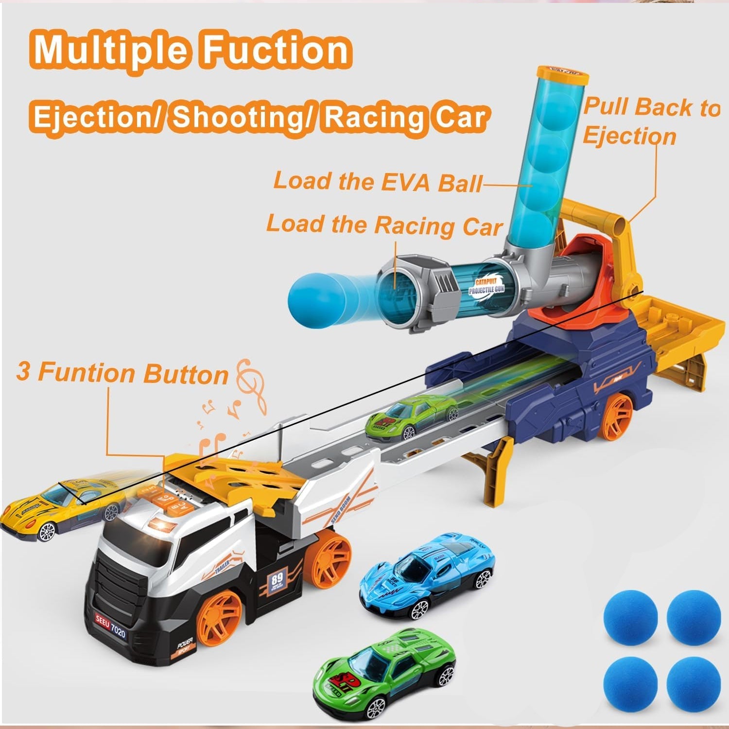 Large Truck Toys Include 2 Racing Cars+4 Ball, with Light & Sounds (Battery Not Included)