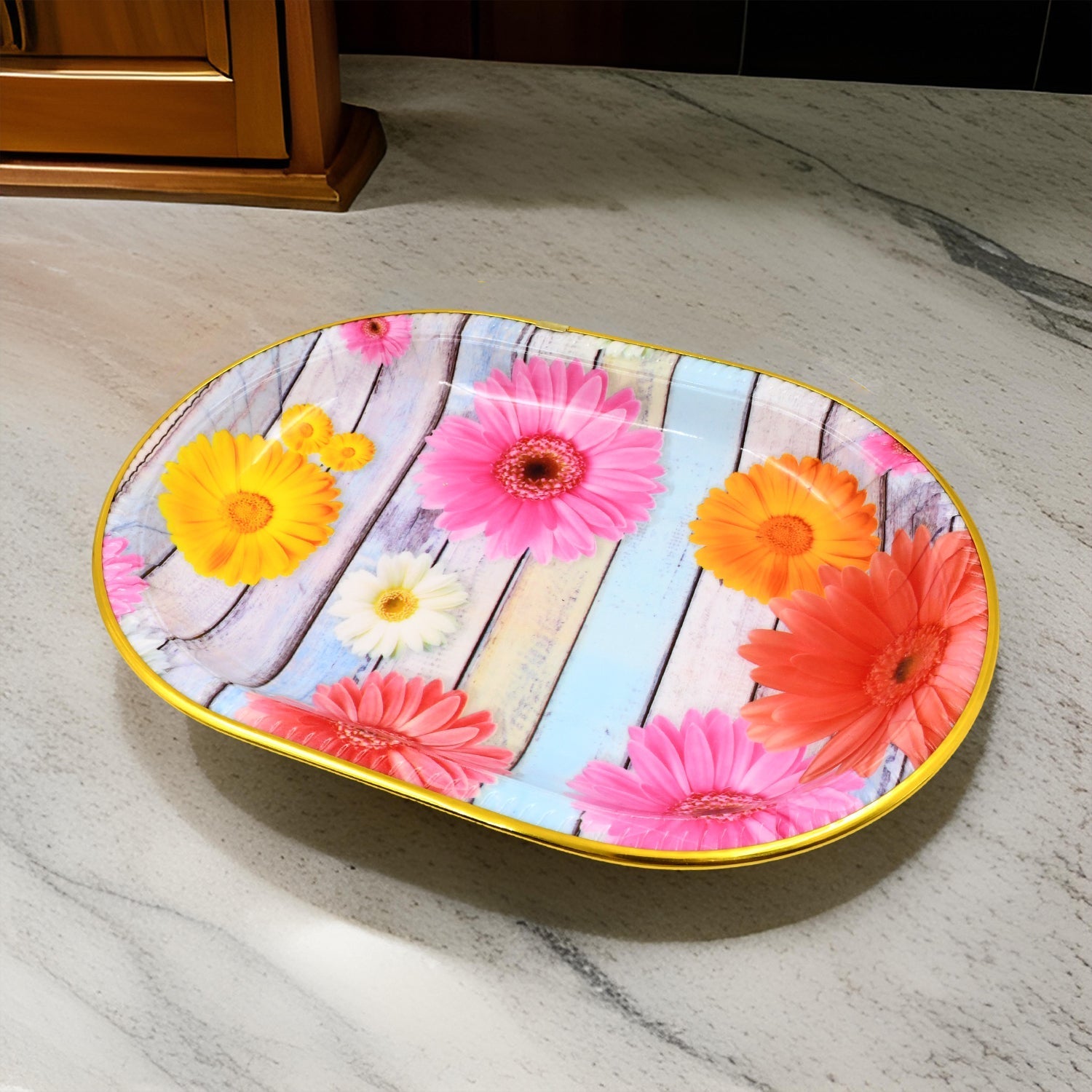 Plastic Flower Printed Design Serving Tray (3 Pcs Set / Mix Color)