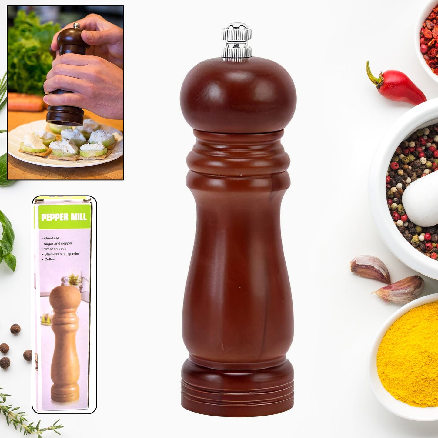 Wooden Pepper Mill 8 inch Tall - Best Pepper Grinder SWASTIK CREATIONS The Trend Point