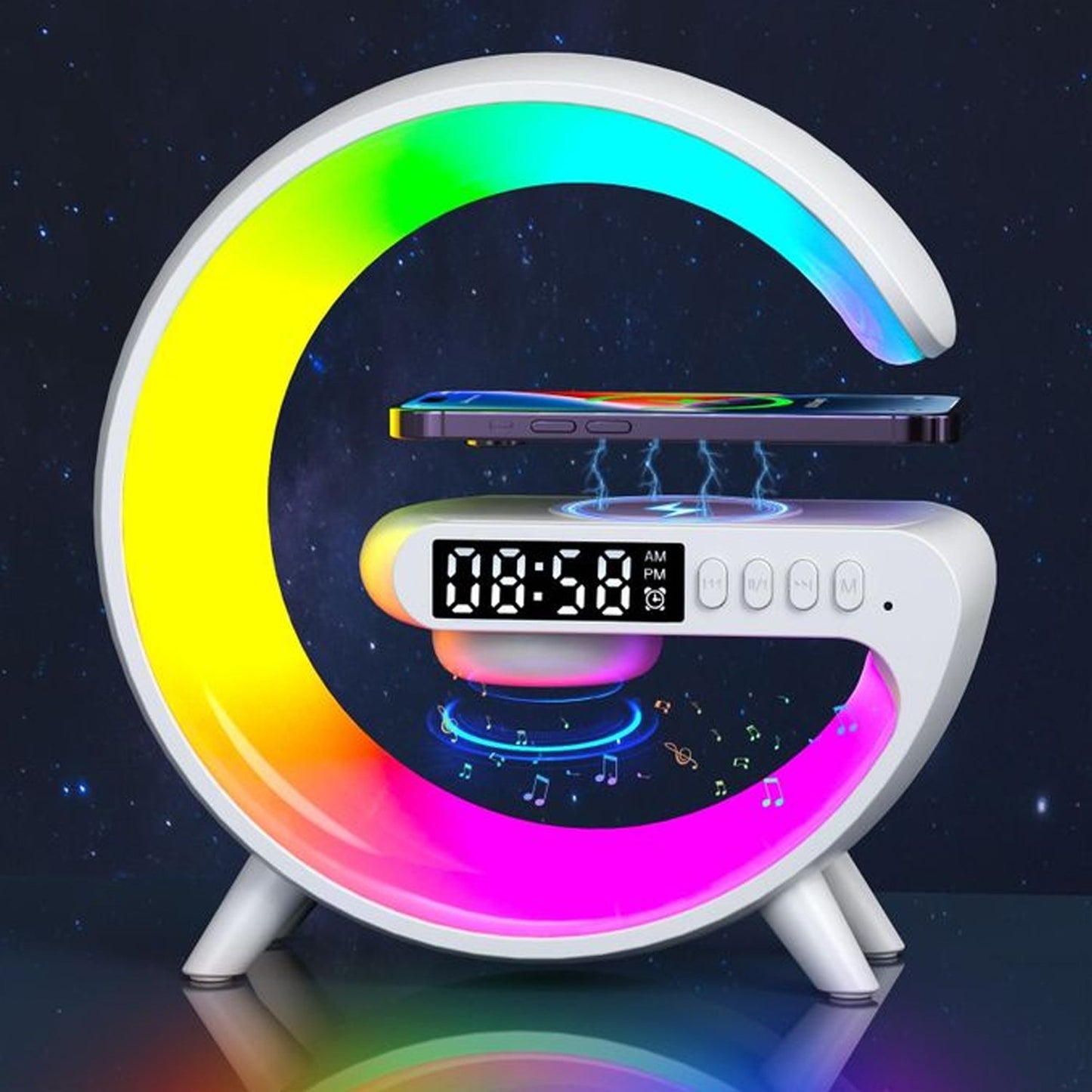 Smart Alarm Clock with G-Shape RGB Light Bluetooth Speaker, Wireless Charging SWASTIK CREATIONS The Trend Point