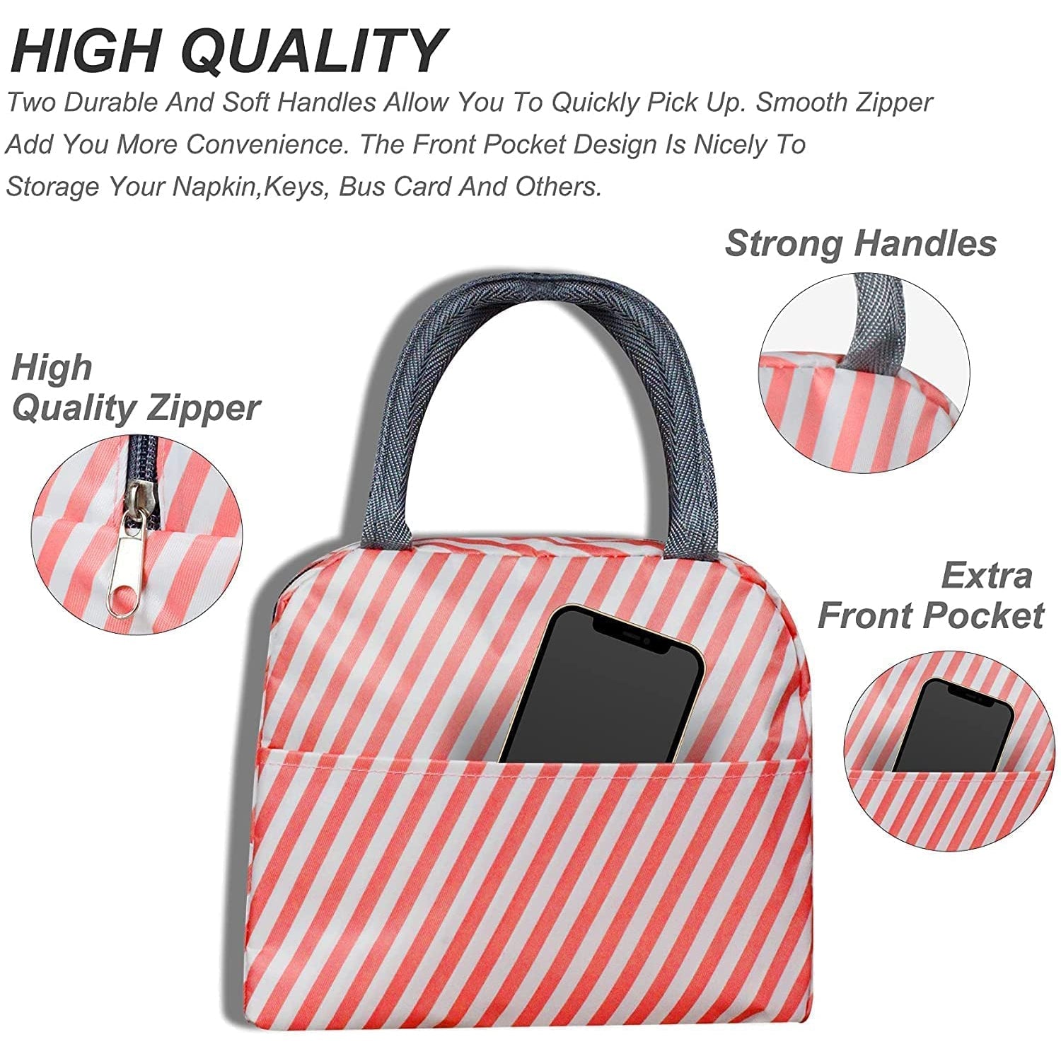 Lunch Bag Portable Insulated Lunch Box Bag With Zipper Closer & Handle (1 Pc)