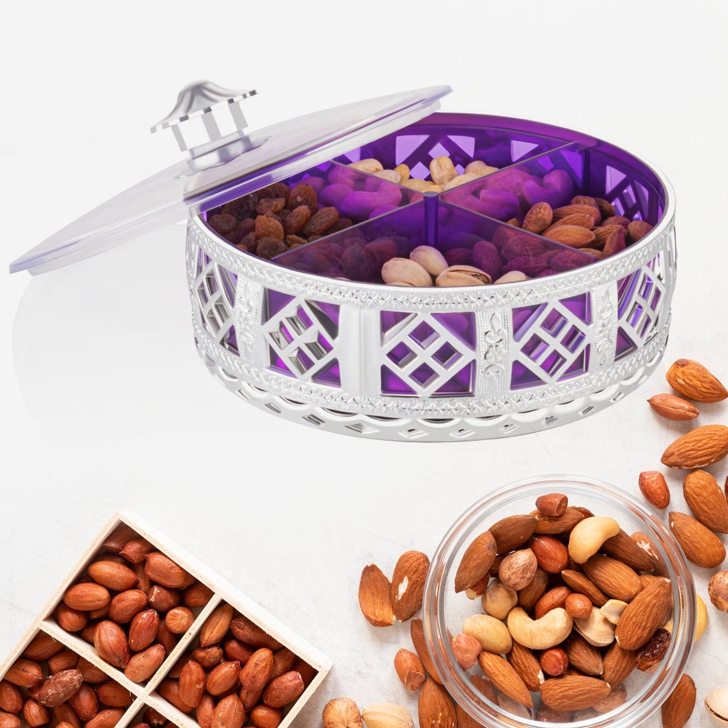 4-Compartment Round Silver Box for Dry Fruits SWASTIK CREATIONS The Trend Point