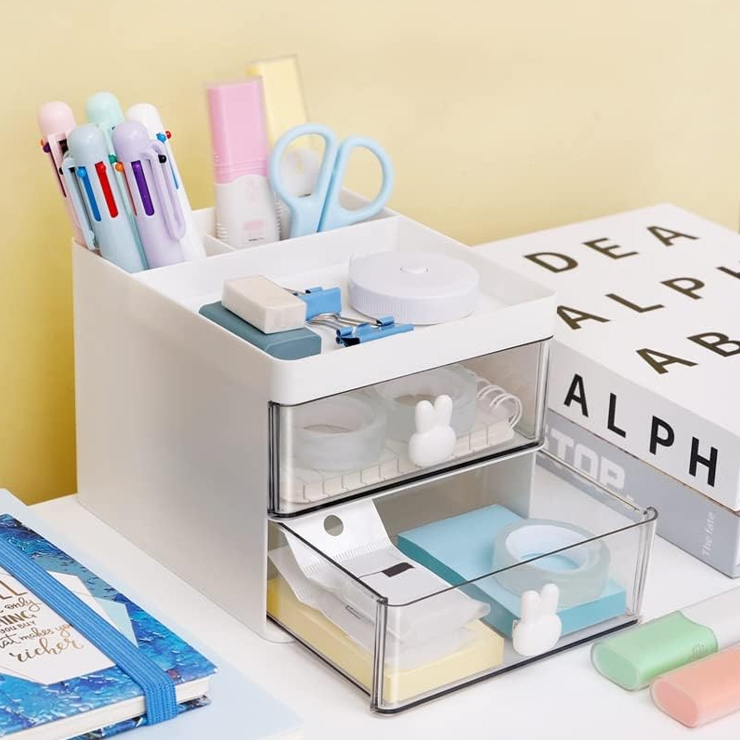 2 Layer 5 Compartment Desk Organizer with Transparent Drawer (1 Pc / 15×13×11 Cm)