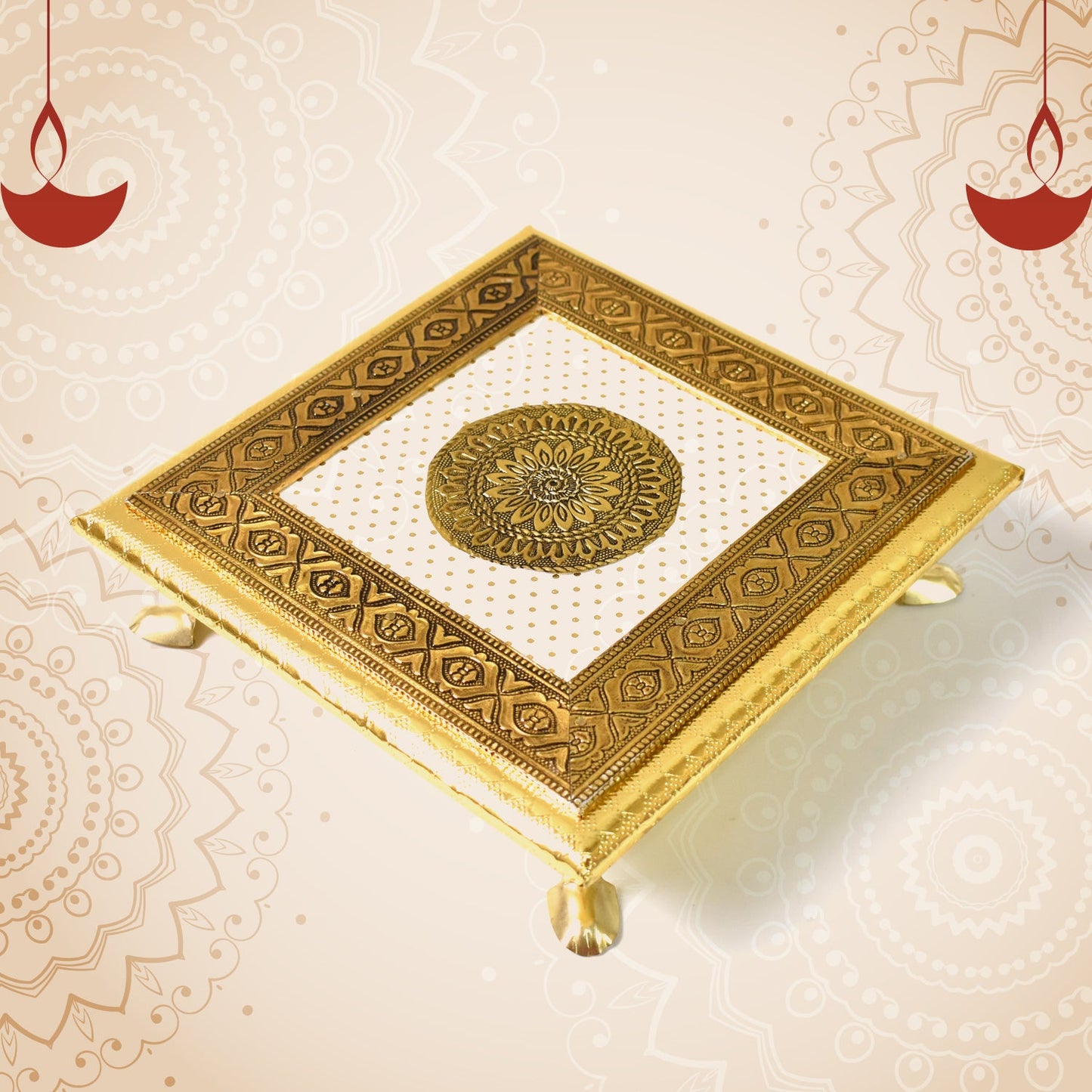 Gold Leaf Engraved Pooja Chowki SWASTIK CREATIONS The Trend Point