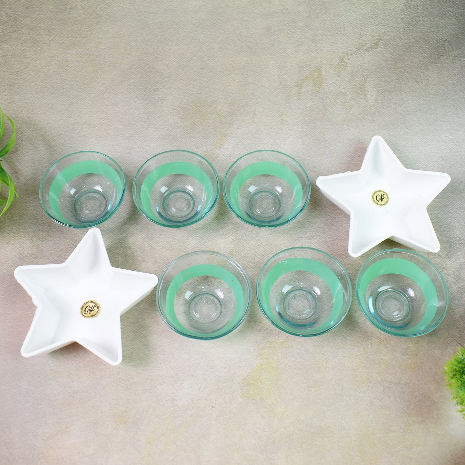 Star Station High Quality 6 Pc Glass Bowl & 2 Pc Plastic Star Shape Snack Bowl Set (8 Pcs Set)