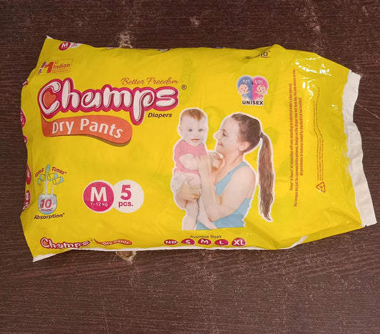 0973 Medium Champs Dry Pants Style Diaper - Medium (5 pcs) Best for Travel  Absorption, Champs Baby Diapers, Champs Soft and Dry Baby Diaper Pants (M, 5 Pcs ) - SWASTIK CREATIONS The Trend Point