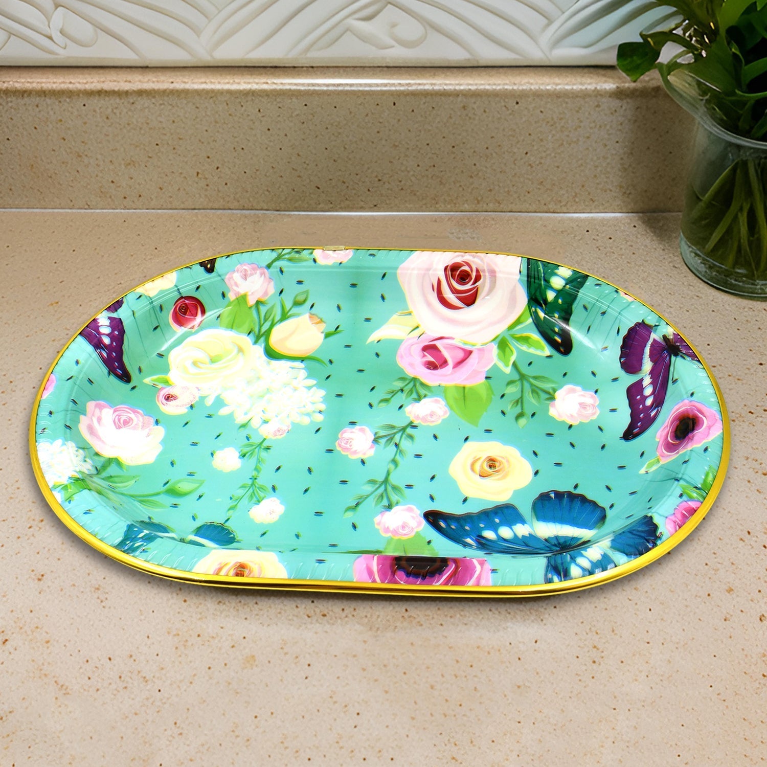 Plastic Flower Printed Design Serving Tray (3 Pcs Set / Mix Color)