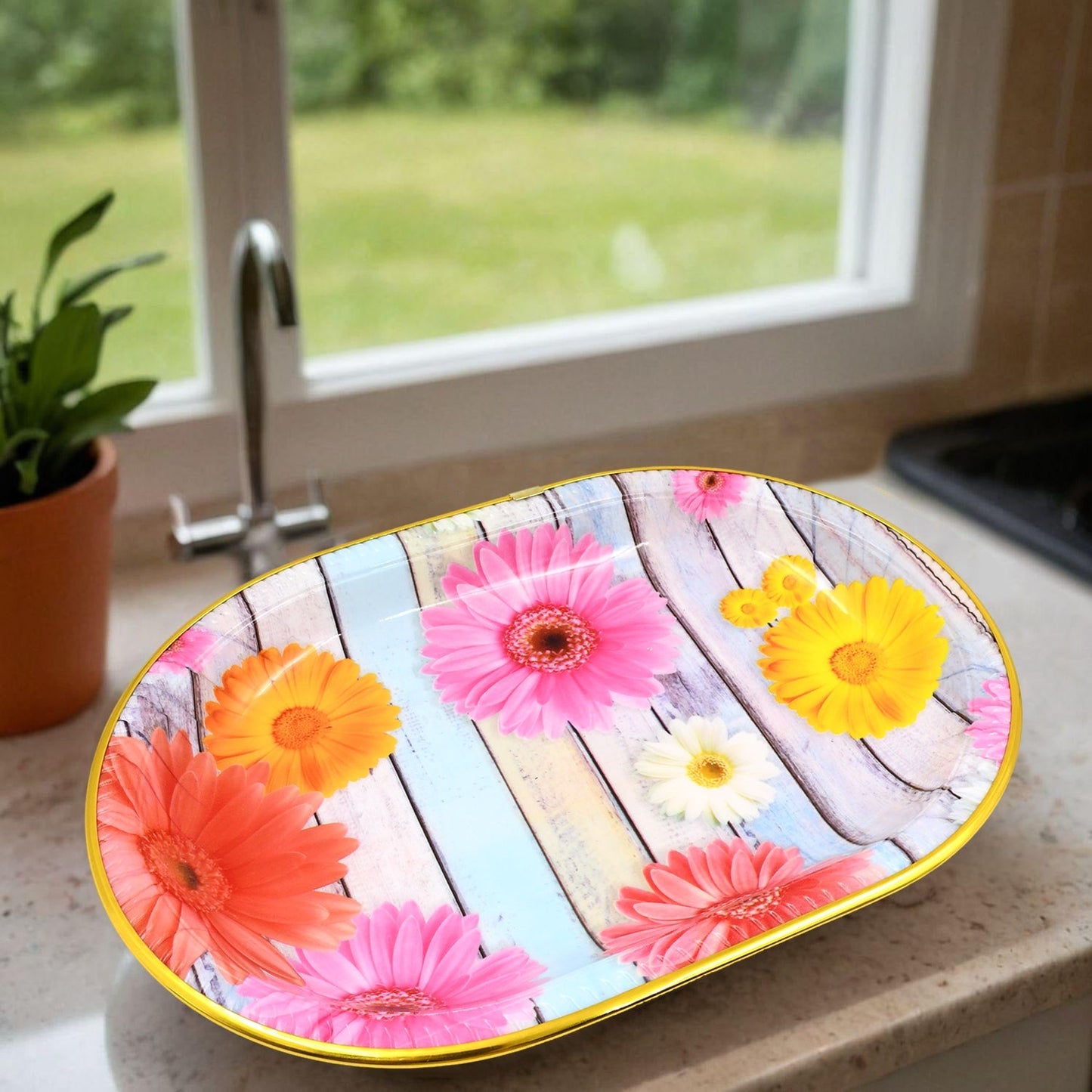 Plastic Flower Printed Design Serving Tray (3 Pcs Set / Mix Color) SWASTIK CREATIONS The Trend Point