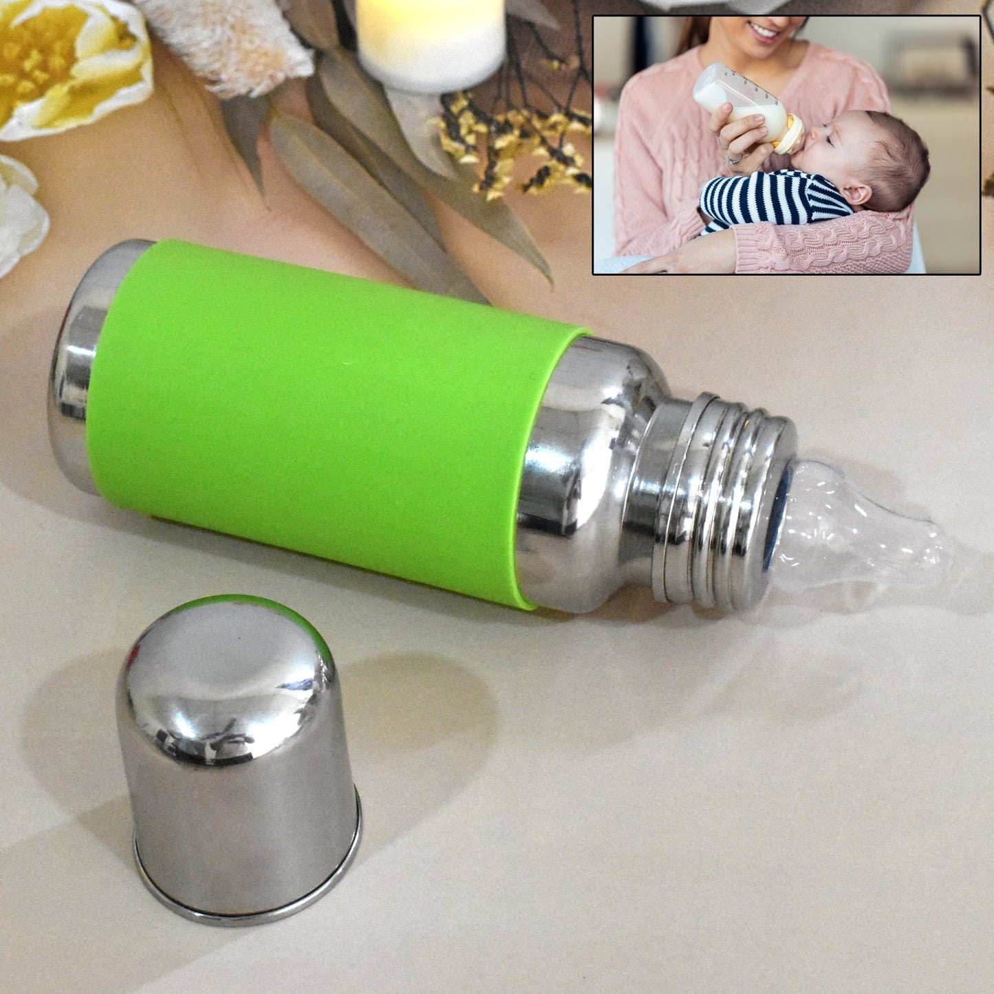 Stainless Steel Baby Feeding Bottle, Milk Feeding Bottle With Silicove Grip Cover (250 ML) SWASTIK CREATIONS The Trend Point