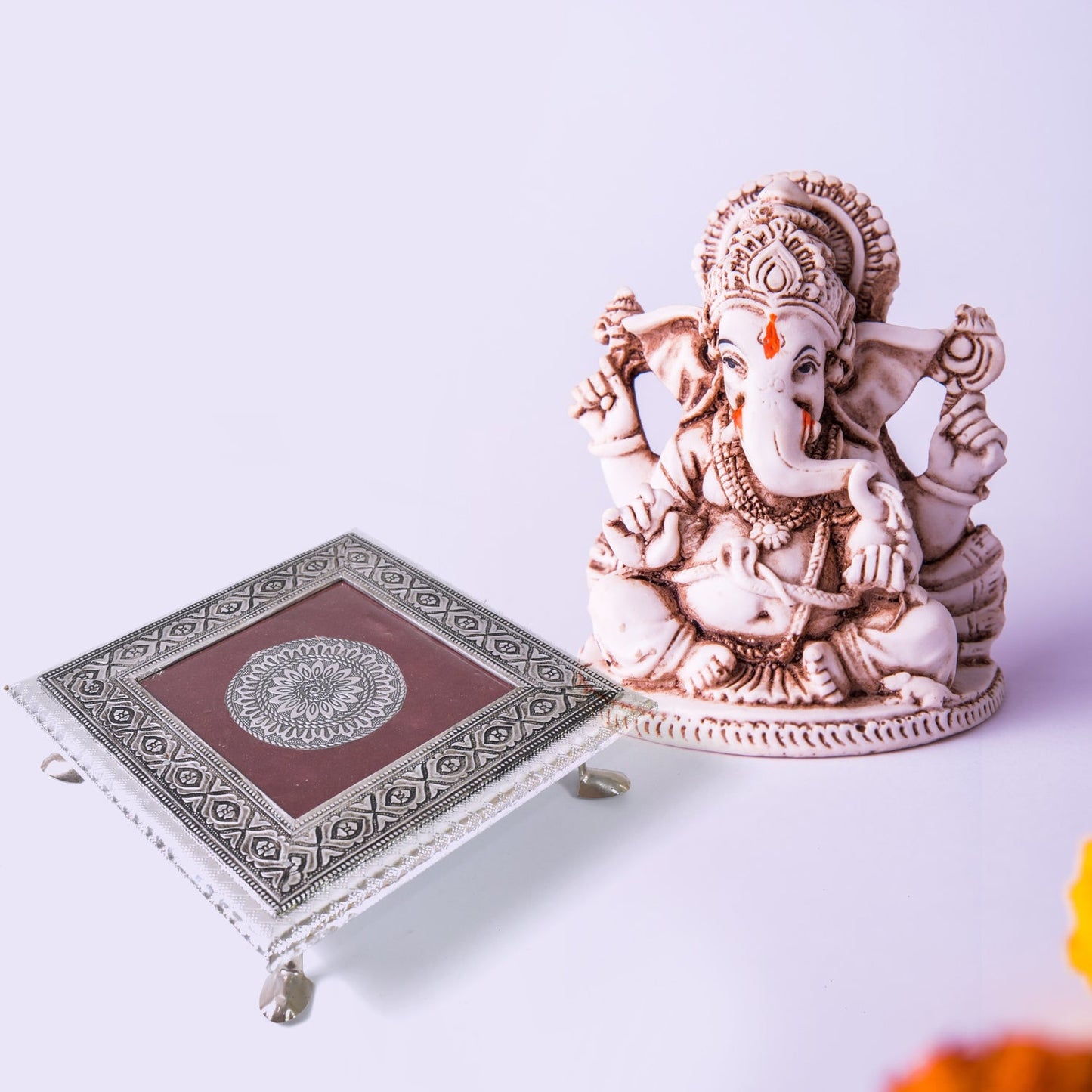 Silver - Square Pooja Chowki Patla / Bajot (20×20 CM / 1 Pc) SWASTIK CREATIONS The Trend Point