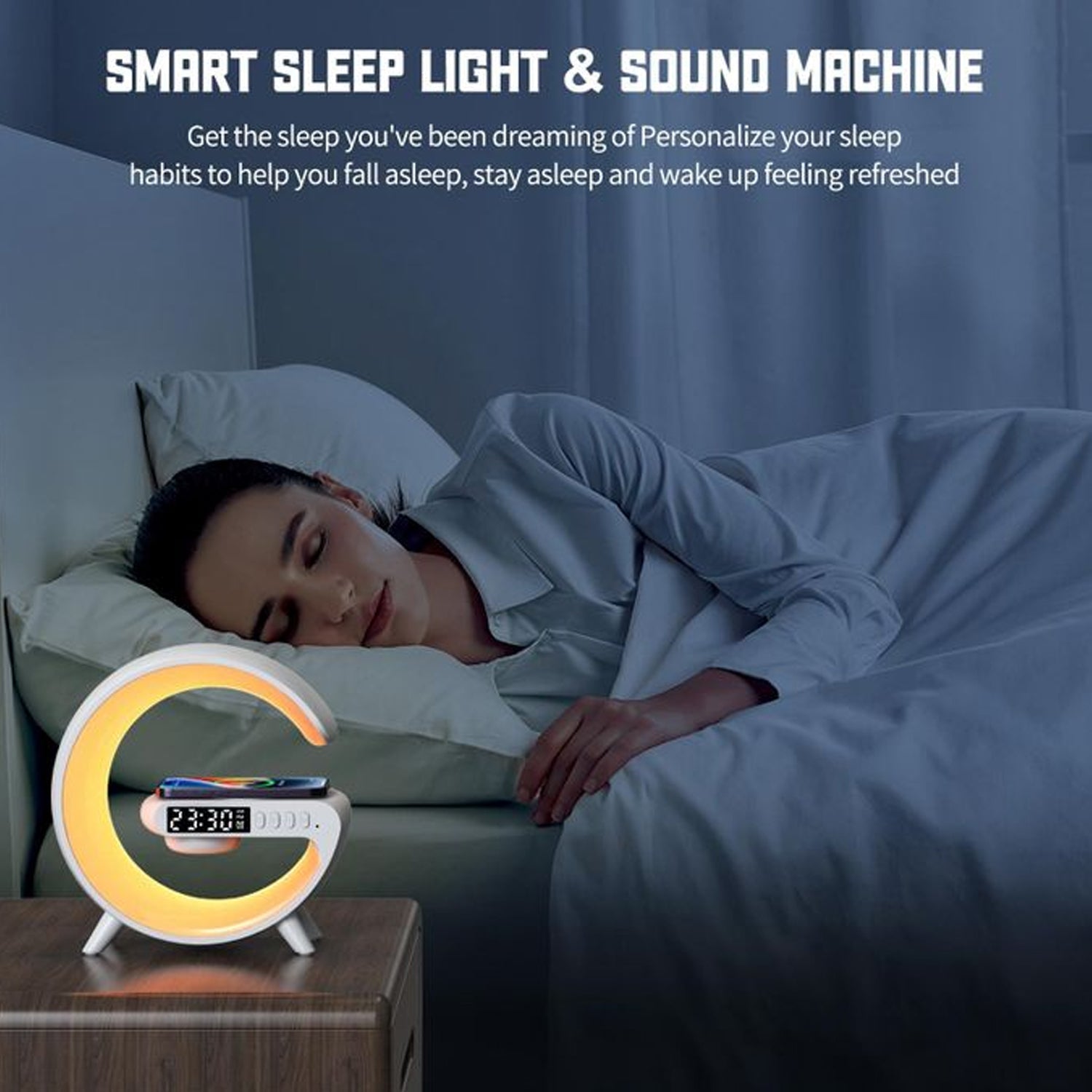 Smart Alarm Clock with G-Shape RGB Light Bluetooth Speaker, Wireless Charging (1 Pc)