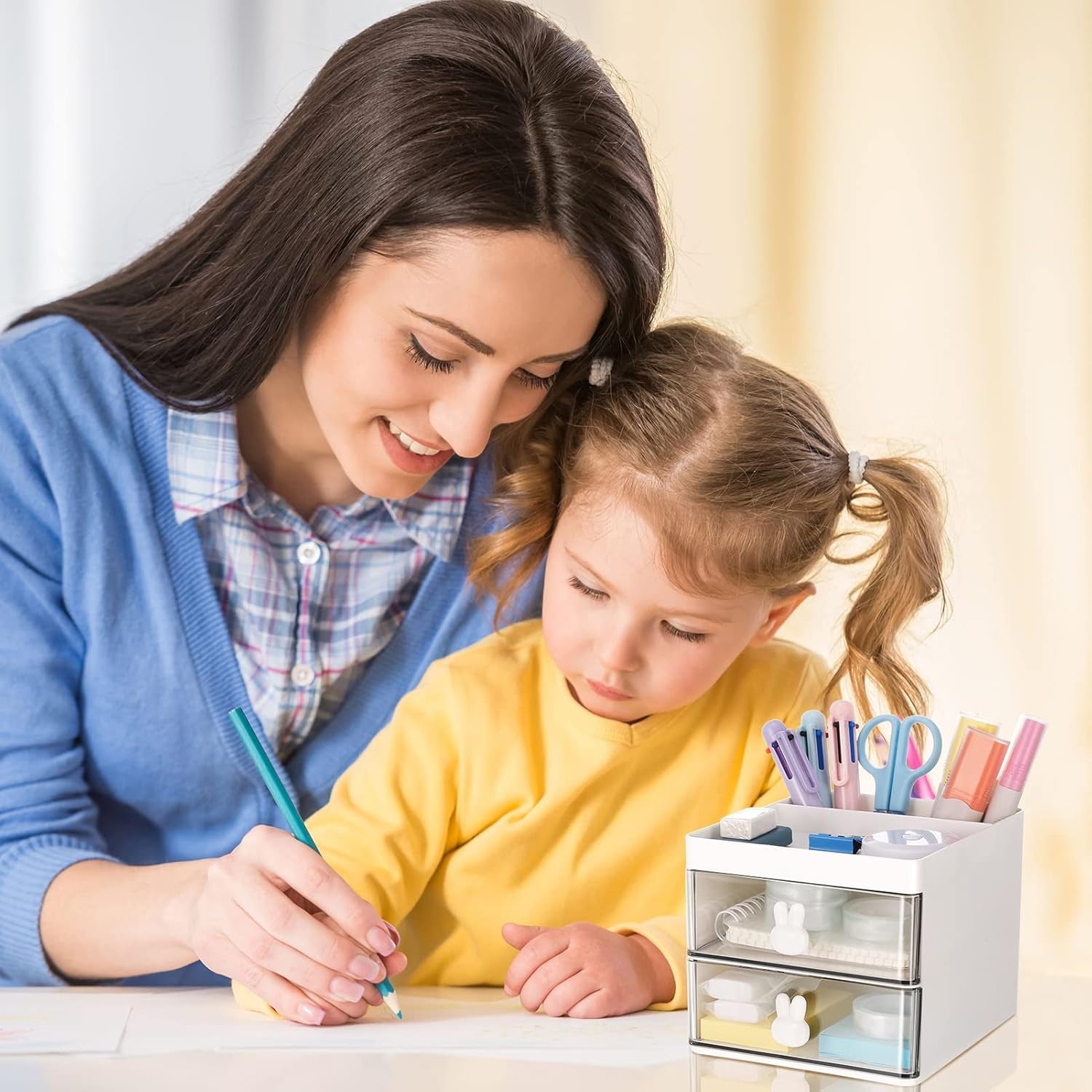 2 Layer 5 Compartment Desk Organizer with Transparent Drawer (1 Pc / 15×13×11 Cm)