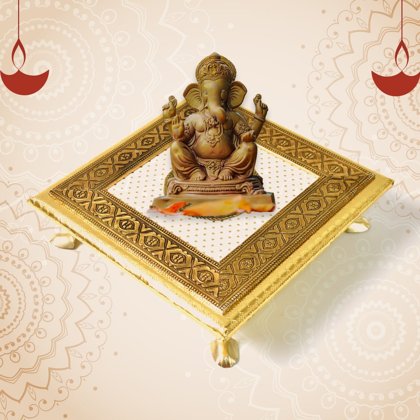 Golden - Square Pooja Chowki Patla / Bajot (20×20 CM / 1 Pc) SWASTIK CREATIONS The Trend Point