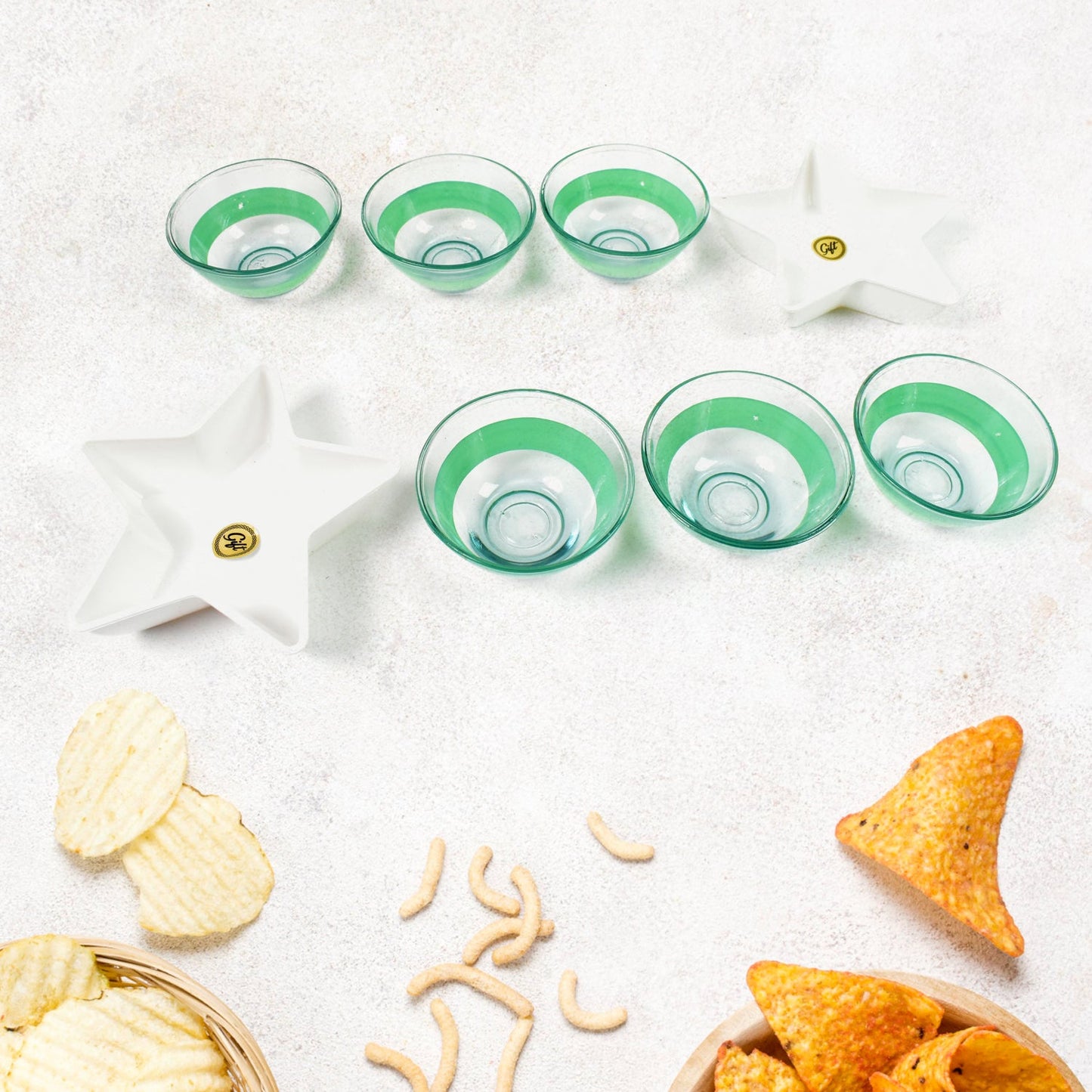 Star Station High Quality 6 Pc Glass Bowl & 2 Pc Plastic Star Shape Snack Bowl Set (8 Pcs Set) SWASTIK CREATIONS The Trend Point