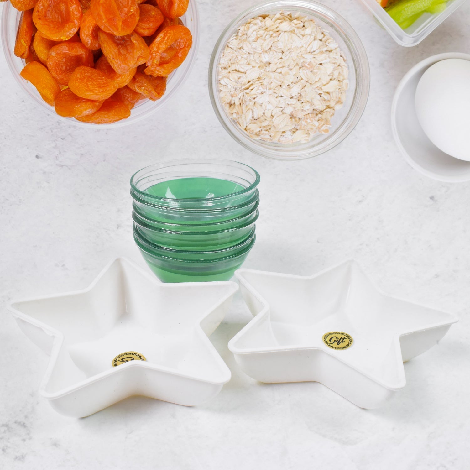 Star Station High Quality 6 Pc Glass Bowl & 2 Pc Plastic Star Shape Snack Bowl Set (8 Pcs Set)