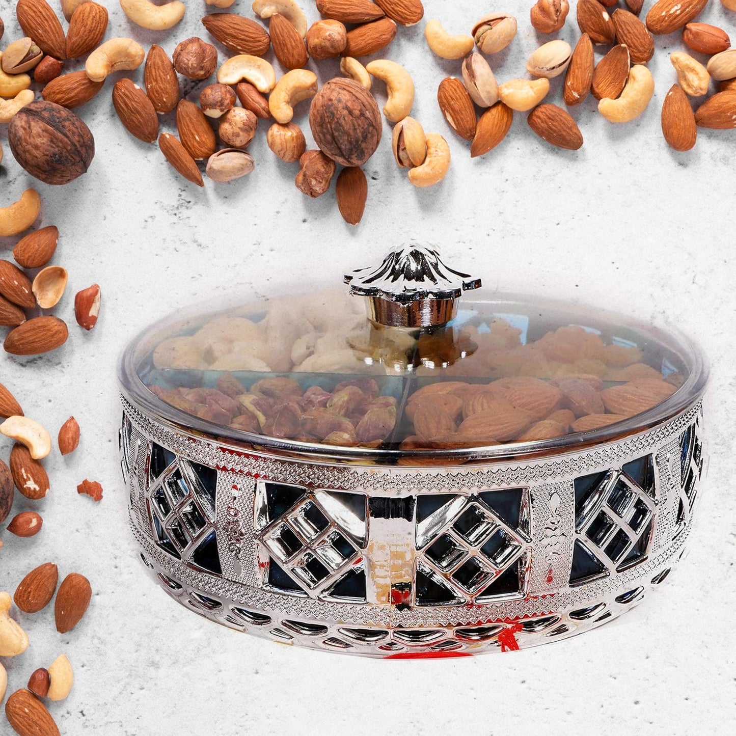 Multipurpose Dry Fruit Box 4 Section Dry Fruit Round Silver Gift Box (1 Pc) SWASTIK CREATIONS The Trend Point