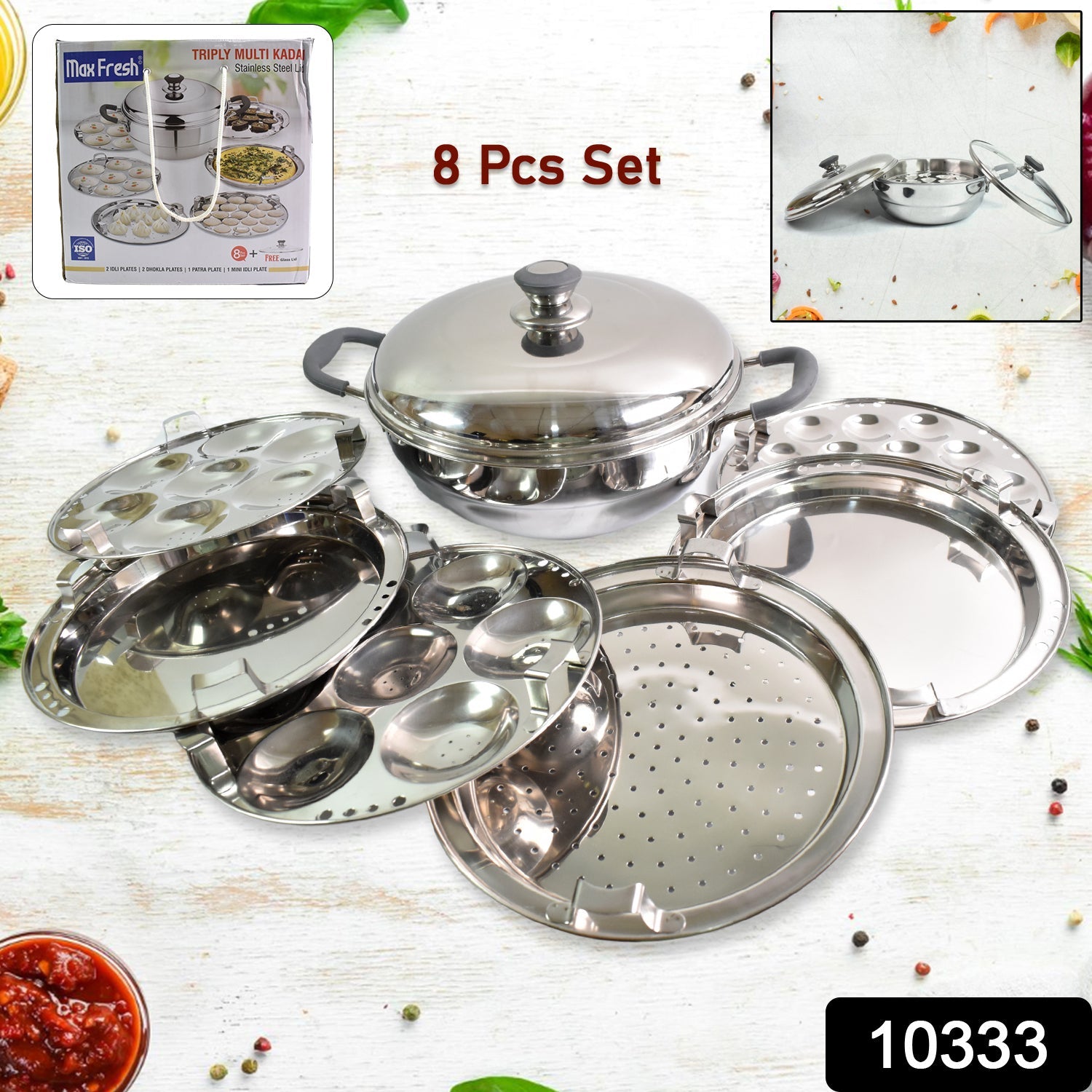 Stainless Steel Triply Multi Kadai idli, dhokla, Patra,  Mini idli plates, kadai with Lid  (8 Pcs Set / Free Glass Transparent Lid)