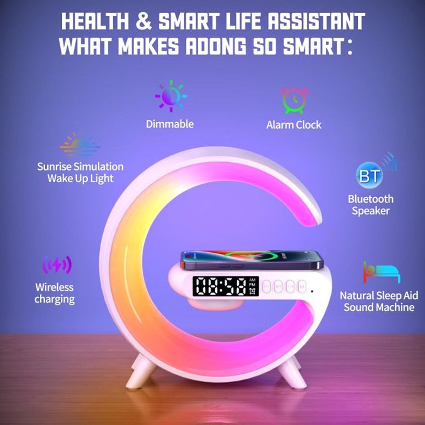 Smart Alarm Clock with G-Shape RGB Light Bluetooth Speaker, Wireless Charging (1 Pc) SWASTIK CREATIONS The Trend Point