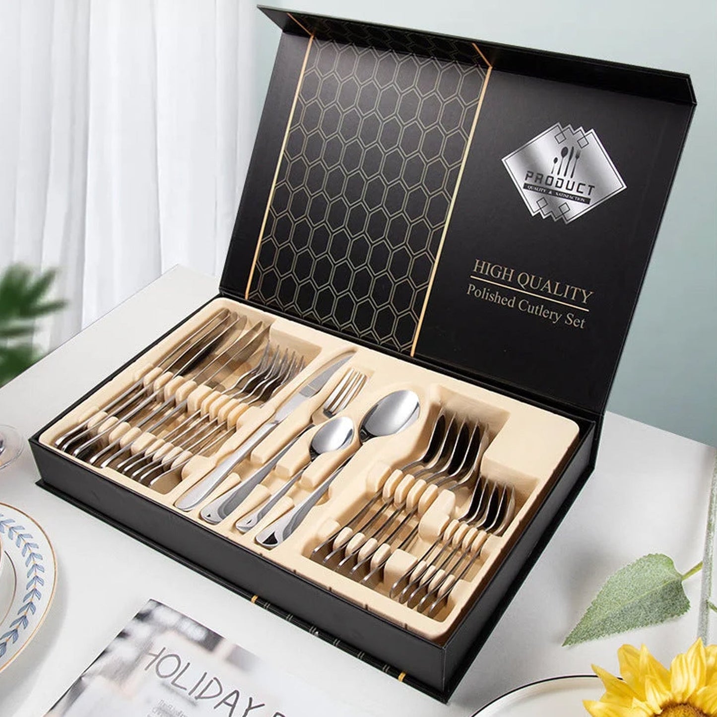 Premium Silver Daily Use Cutlery Set Stainless Steel Luxury Combo Set of 24 SWASTIK CREATIONS The Trend Point