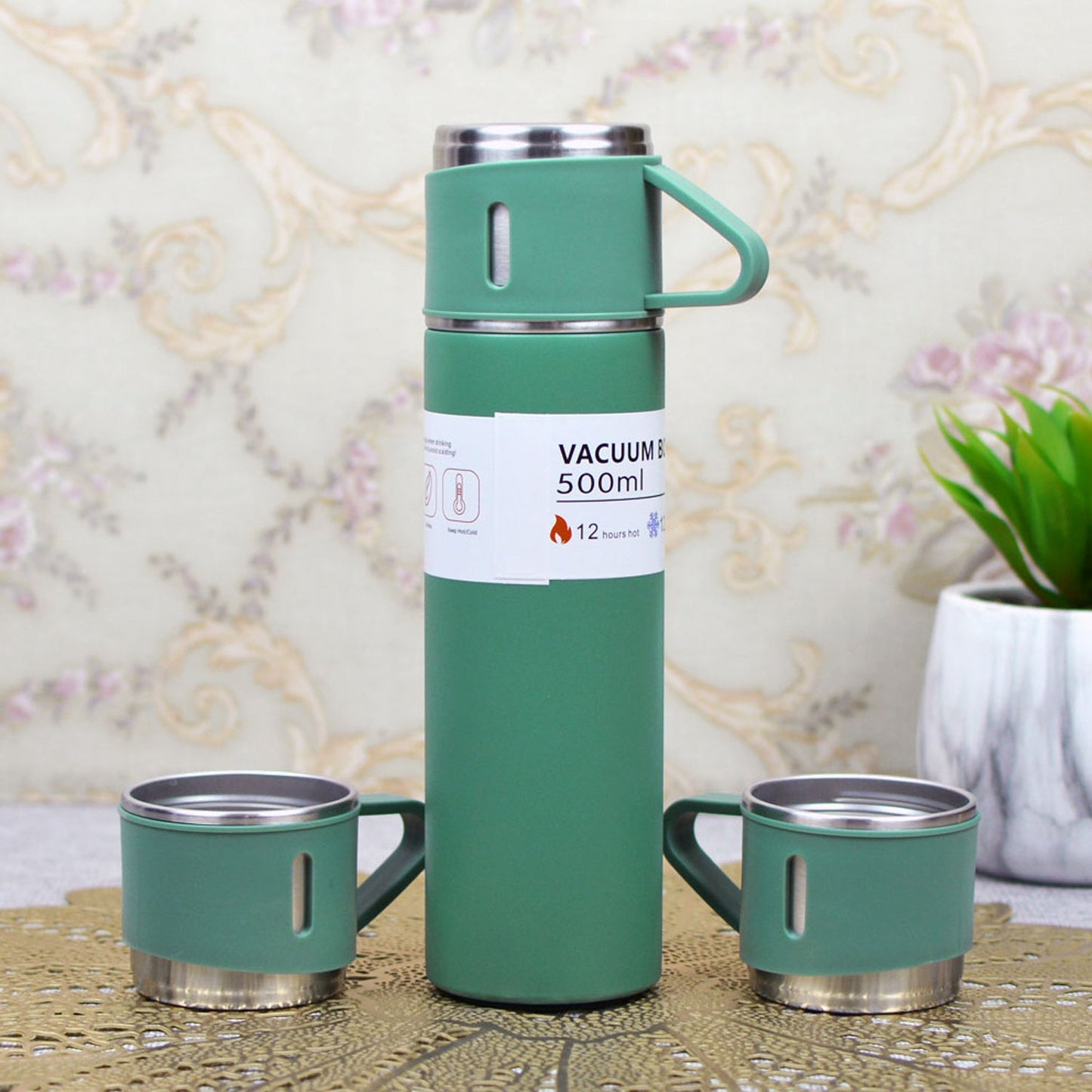 Vacuum Insulated Flask Set with 3 Cups  SWASTIK CREATIONS The Trend Point