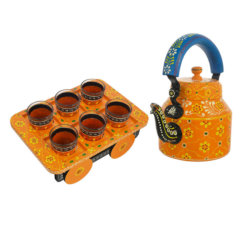 HandPainted Alluminium Tea Kettle with 6 Glasses and Wooden Tray For Home Décor , Tea Party , Serving (KT6-3) SWASTIK CREATIONS The Trend Point