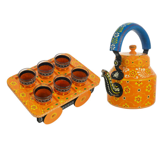 HandPainted Alluminium Tea Kettle with 6 Glasses and Wooden Tray For Home Décor , Tea Party , Serving (KT6-3)