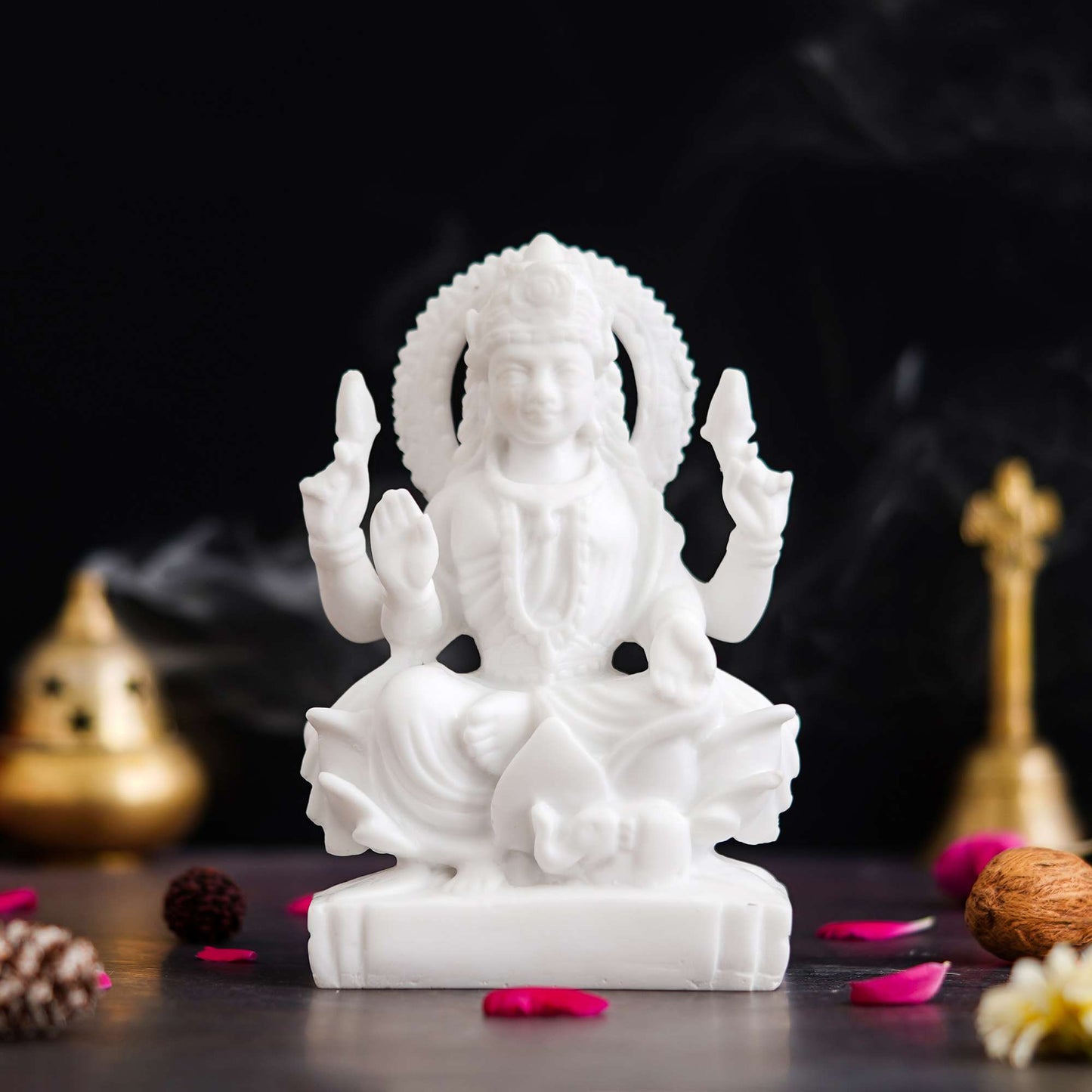 White Saraswati Idol – Maa Saraswati Statue, Genuine Saraswati Murti Small on Lotus with Veena – Handcrafted (NMB-SRWT1) SWASTIK CREATIONS The Trend Point