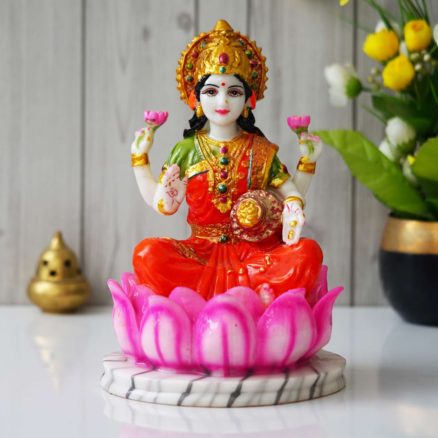 Hindu Goddess Lakshmi Statue Sitting on Lotus Flower (10.5 Inch) (ML-01) SWASTIK CREATIONS The Trend Point