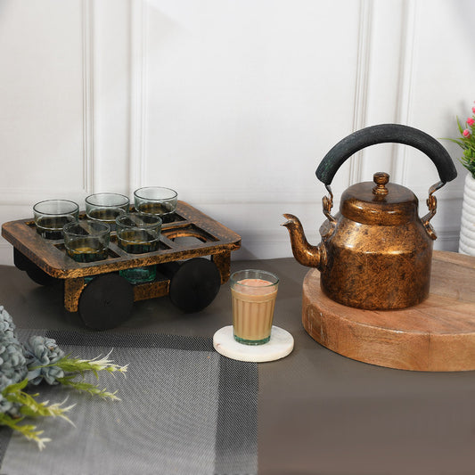 HandPainted Alluminium Tea Kettle with 6 Glasses and Wooden Tray For Home Décor , Tea Party , Serving (KT6-6)