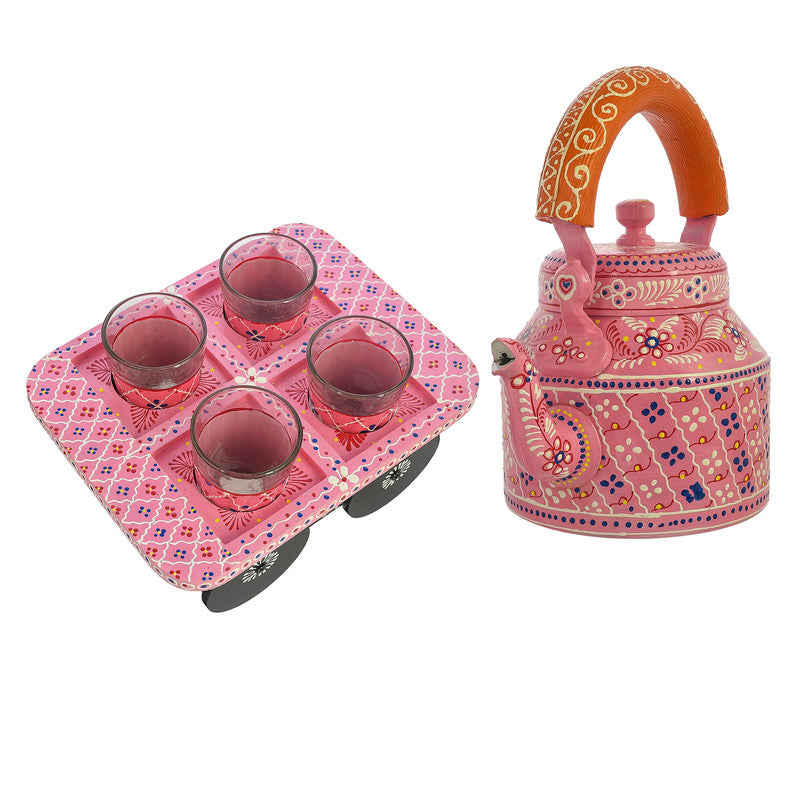 HandPainted Alluminium Tea Kettle with 6 Glasses and Wooden Tray For Home Décor , Tea Party , Serving (KT4-1) SWASTIK CREATIONS The Trend Point