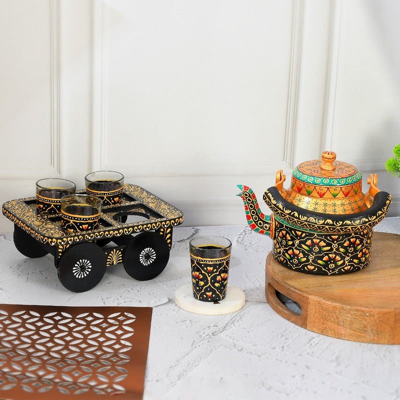 HandPainted Alluminium Tea Kettle with 6 Glasses and Wooden Tray For Home Décor , Tea Party , Serving (KT4-3) SWASTIK CREATIONS The Trend Point