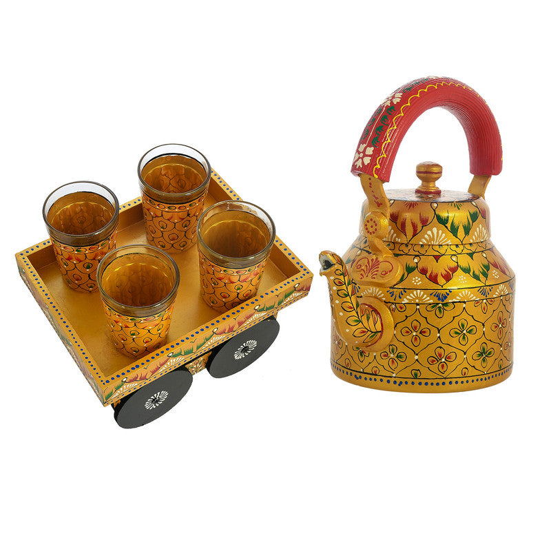 HandPainted Alluminium Tea Kettle with 6 Glasses and Wooden Tray For Home Décor , Tea Party , Serving (KT4-2) SWASTIK CREATIONS The Trend Point