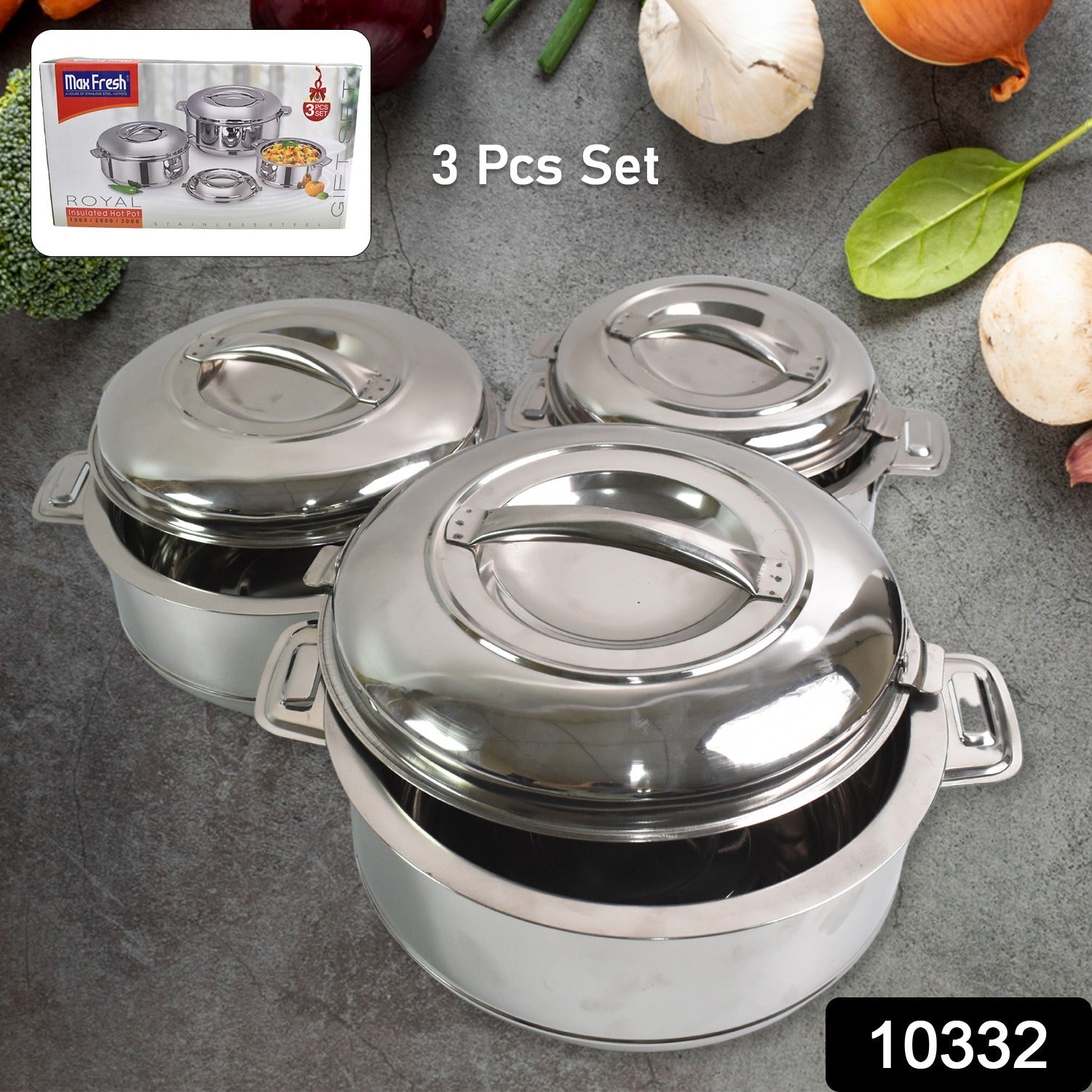 Royal Unique Hot Pot Stainless Steel Insulated Serving Casserole with Lid & Handle (3 pcs Set)