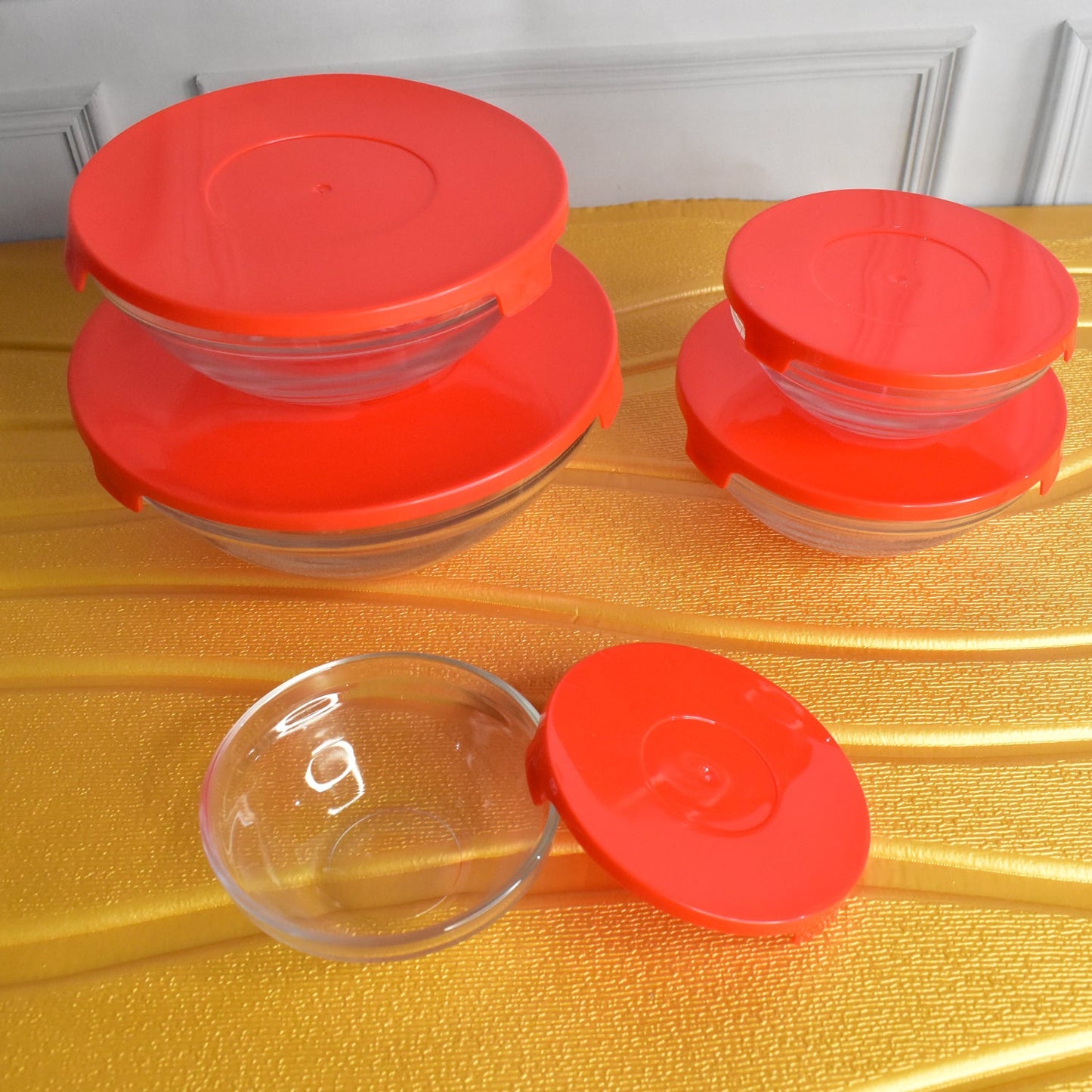 Modern Glass Bowl Set, Mixing / Storage Bowls with Red Lids (5 Pcs Set) SWASTIK CREATIONS The Trend Point