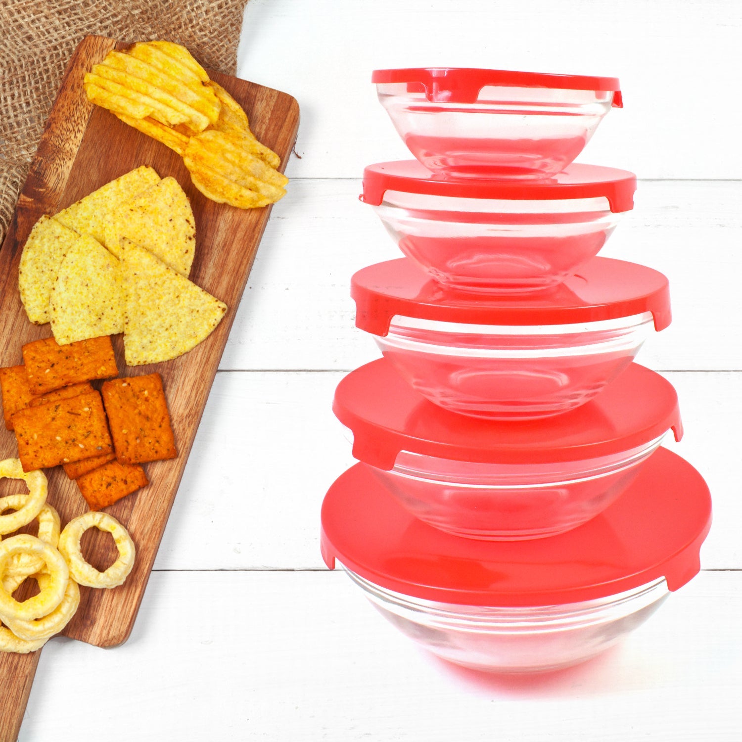 Modern Glass Bowl Set, Mixing / Storage Bowls with Red Lids (5 Pcs Set)