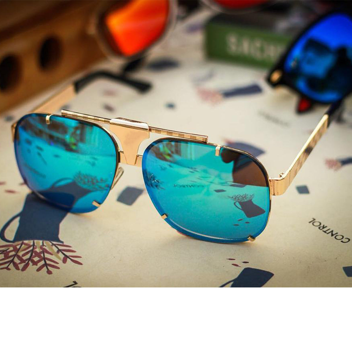 Aqua Blue maranello Square Sunglasses (SUN-LV-7026-AQB3GLD) SWASTIK CREATIONS The Trend Point