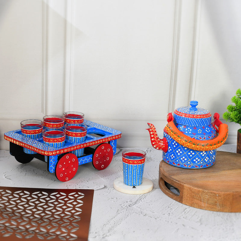 HandPainted Alluminium Tea Kettle with 6 Glasses and Wooden Tray For Home Décor , Tea Party , Serving (KT6-2) SWASTIK CREATIONS The Trend Point