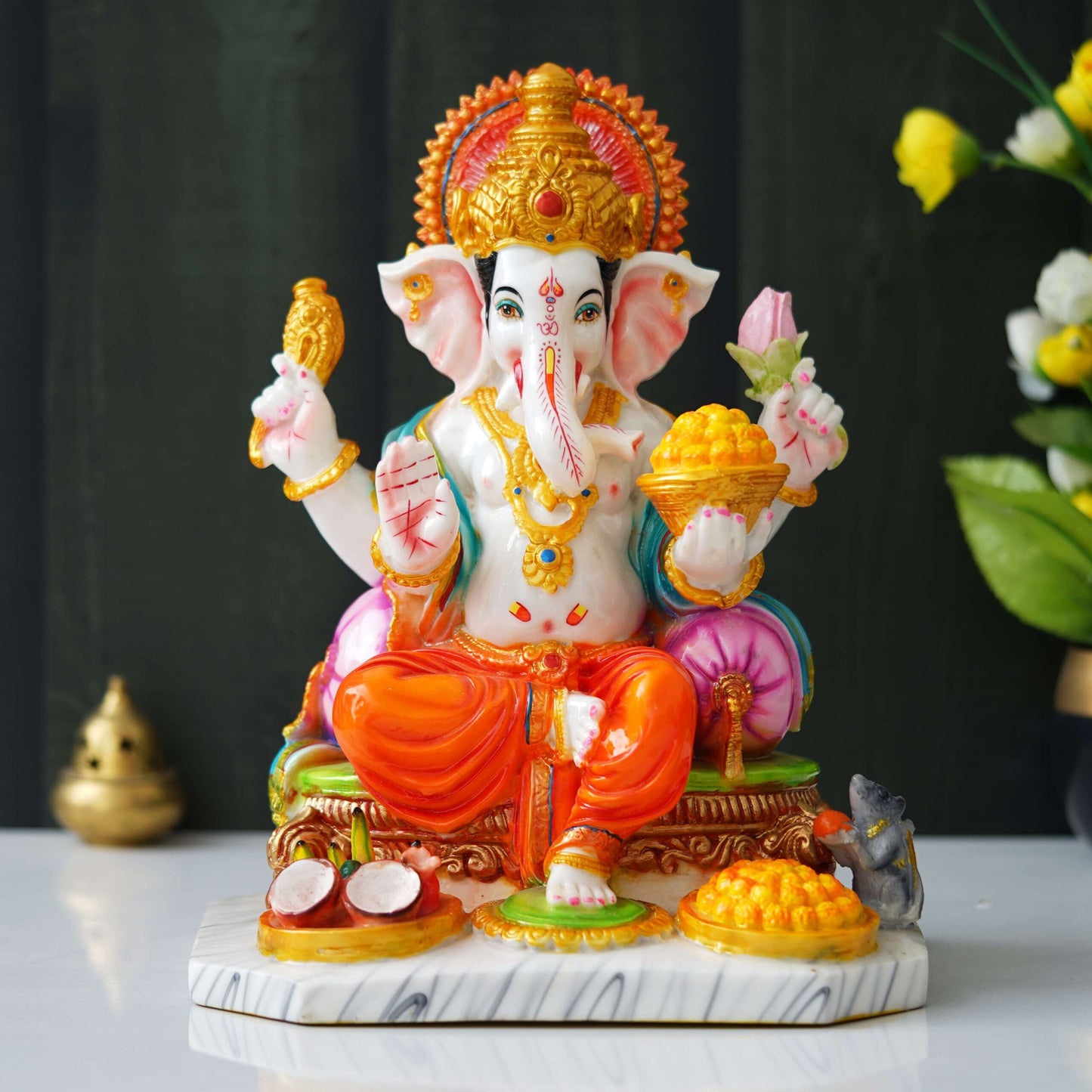 13 Inch White Marble Dust Ganesha Statue (MG-2) SWASTIK CREATIONS The Trend Point