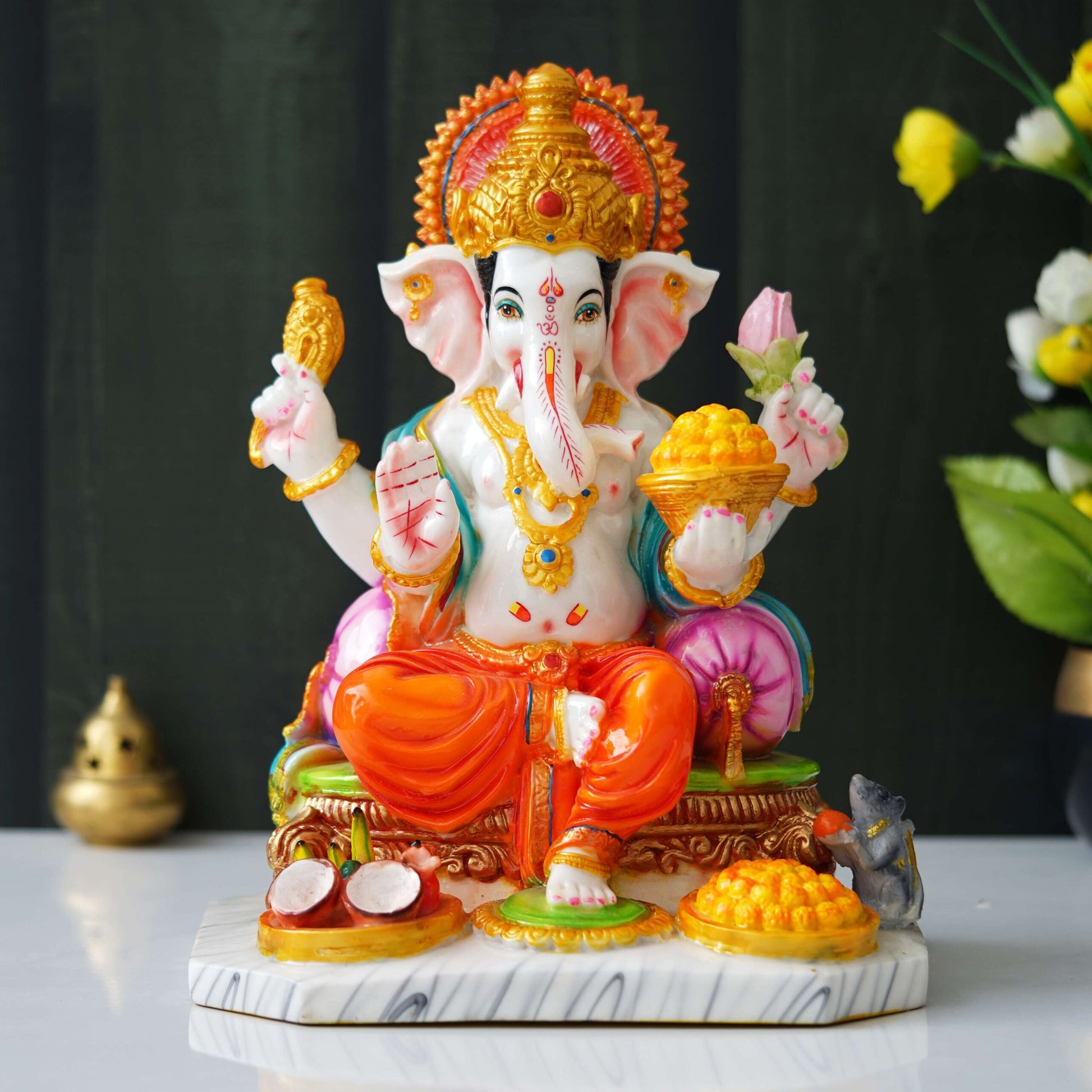 13 Inch White Marble Dust Ganesha Statue (MG-2)