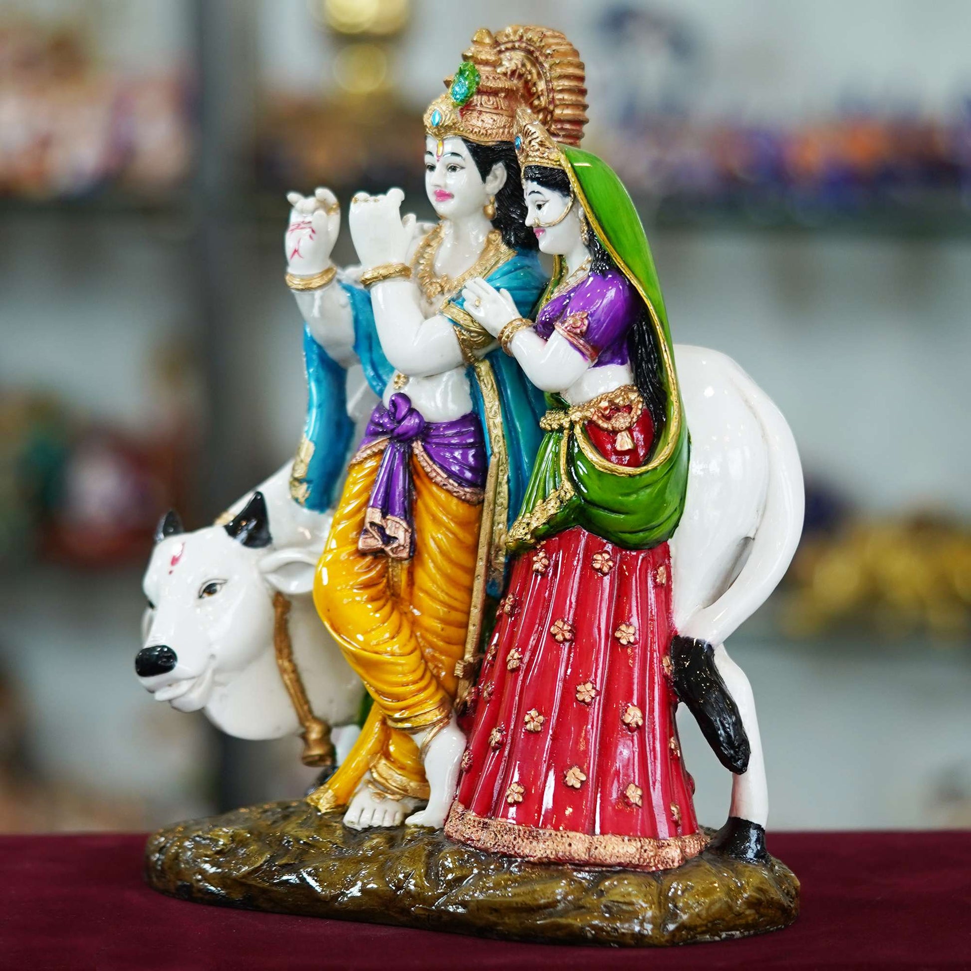 Radha Krishna with Cow Resin Sculpture – Divine Harmony and Blessings for Your Home (MB-RK1)