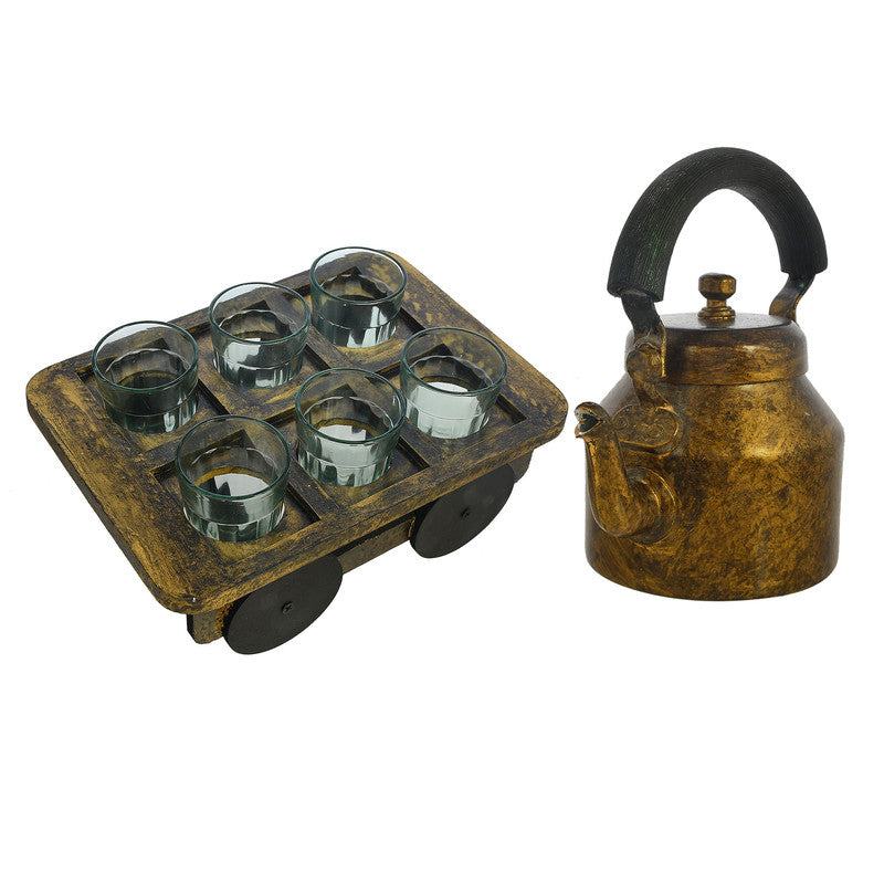 HandPainted Alluminium Tea Kettle with 6 Glasses and Wooden Tray For Home Décor , Tea Party , Serving (KT6-6) SWASTIK CREATIONS The Trend Point