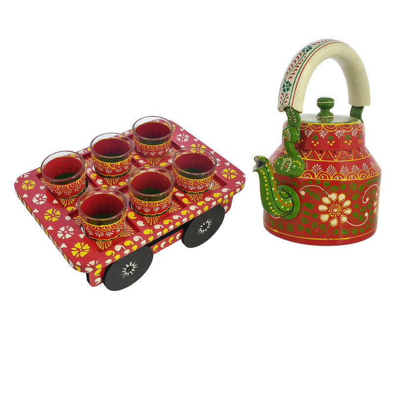 HandPainted Alluminium Tea Kettle with 6 Glasses and Wooden Tray For Home Décor , Tea Party , Serving (KT6-1) SWASTIK CREATIONS The Trend Point