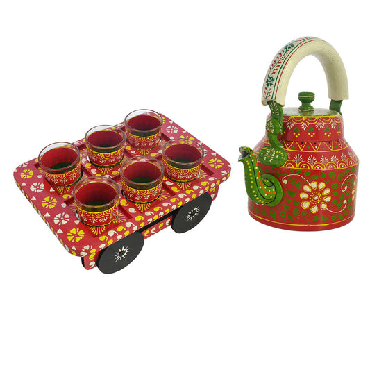 HandPainted Alluminium Tea Kettle with 6 Glasses and Wooden Tray For Home Décor , Tea Party , Serving (KT6-1)