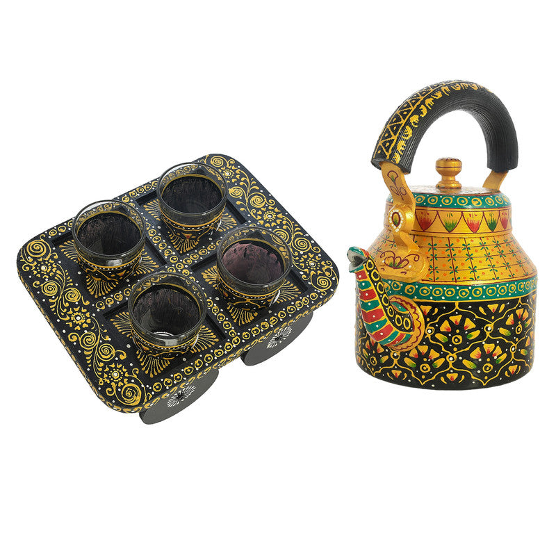 HandPainted Alluminium Tea Kettle with 6 Glasses and Wooden Tray For Home Décor , Tea Party , Serving (KT4-3) SWASTIK CREATIONS The Trend Point