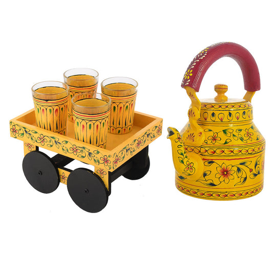 HandPainted Alluminium Tea Kettle with 6 Glasses and Wooden Tray For Home Décor , Tea Party , Serving (KT4-5)