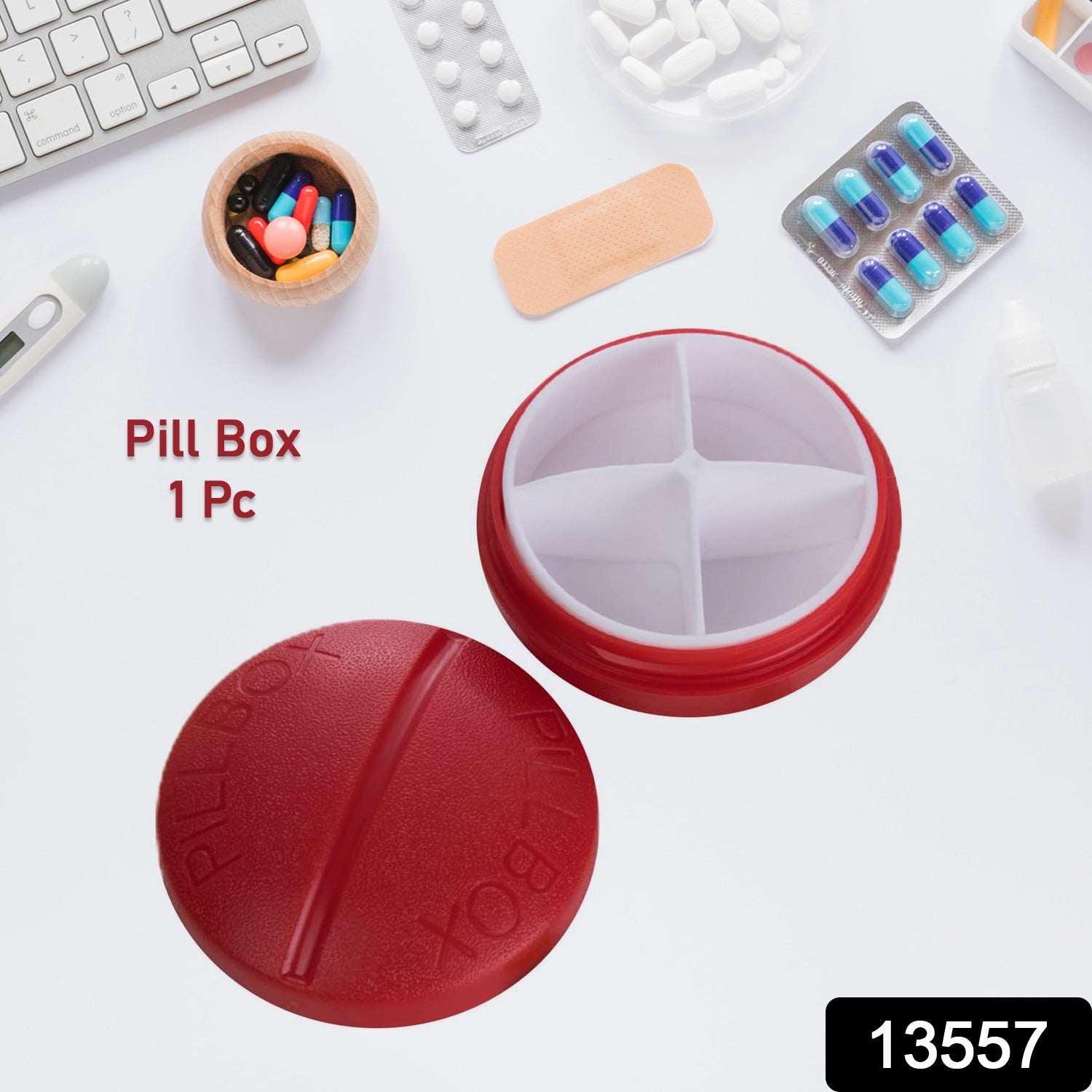 Portable Round Shape 4 Compartments Pill Box (1 Pc)