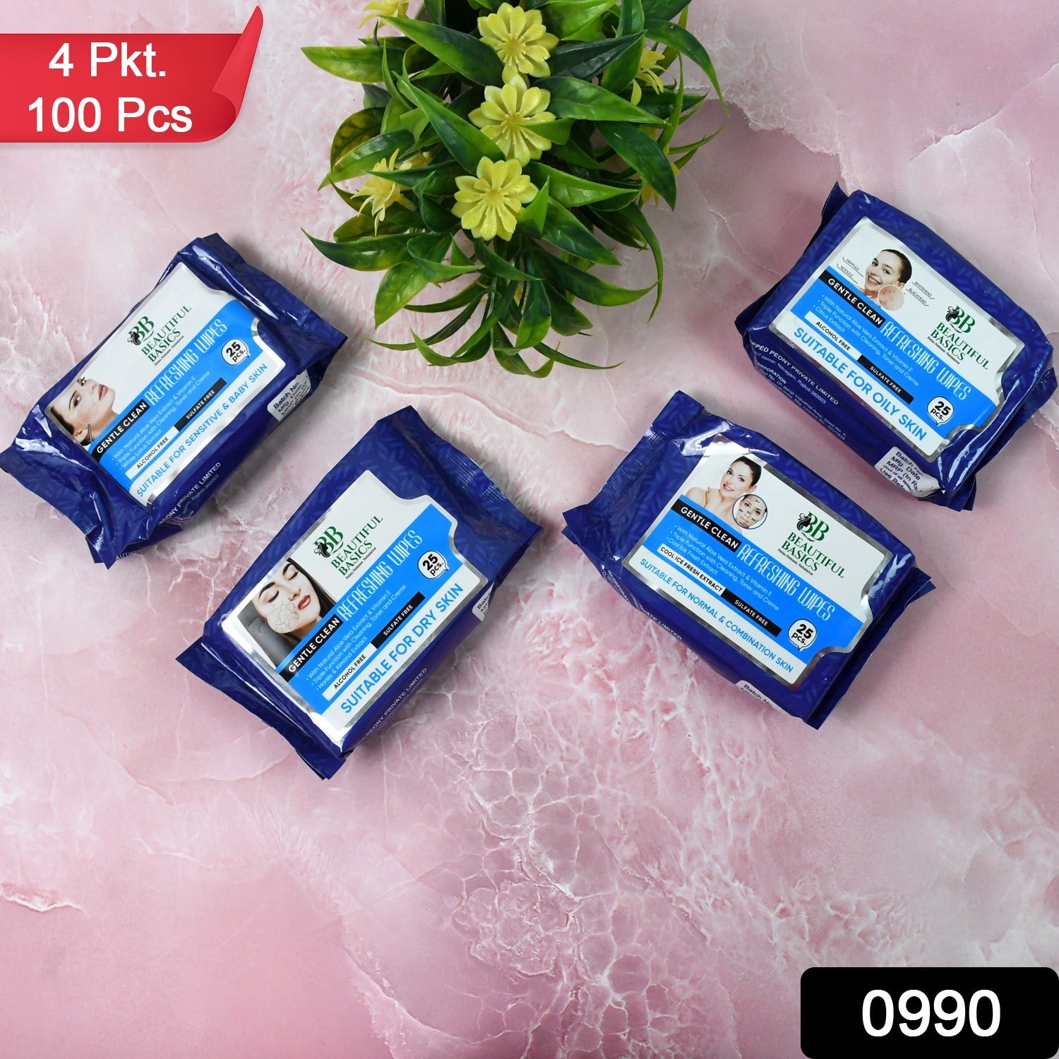 Beautiful Basics Dry, Oily, Sensitive & Normal Skin Face Wipes (4 Pkts x 100 Pcs wipes)